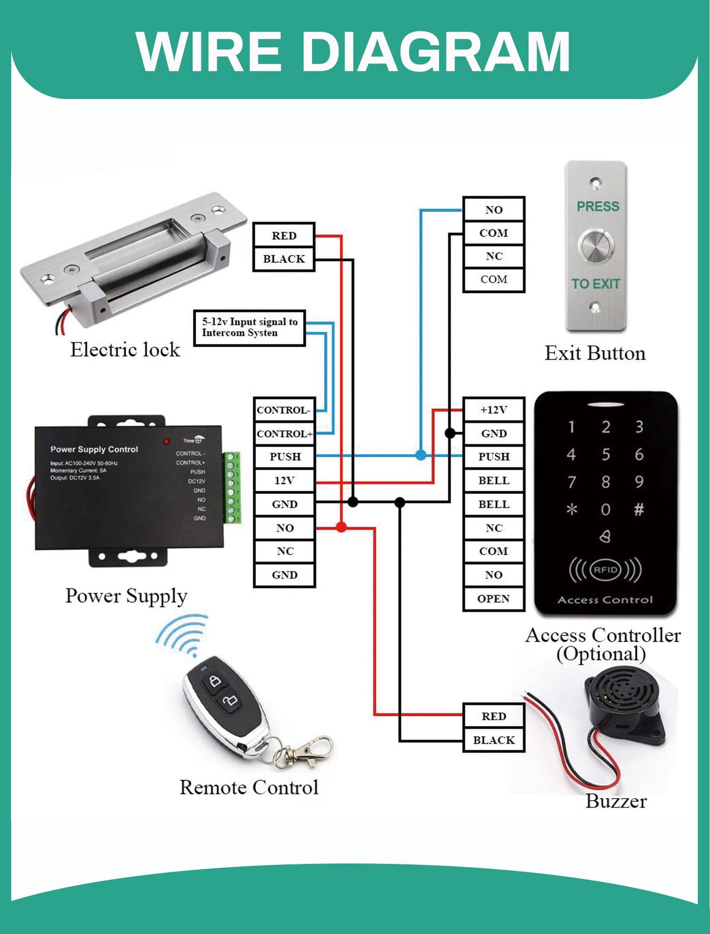Access Control Electric Strike Door Lock Fail-Secure/Fail-Safe Kit System, Door Buzzer Entry System, with Remote Control, Button, Buzzer, Power Adapter