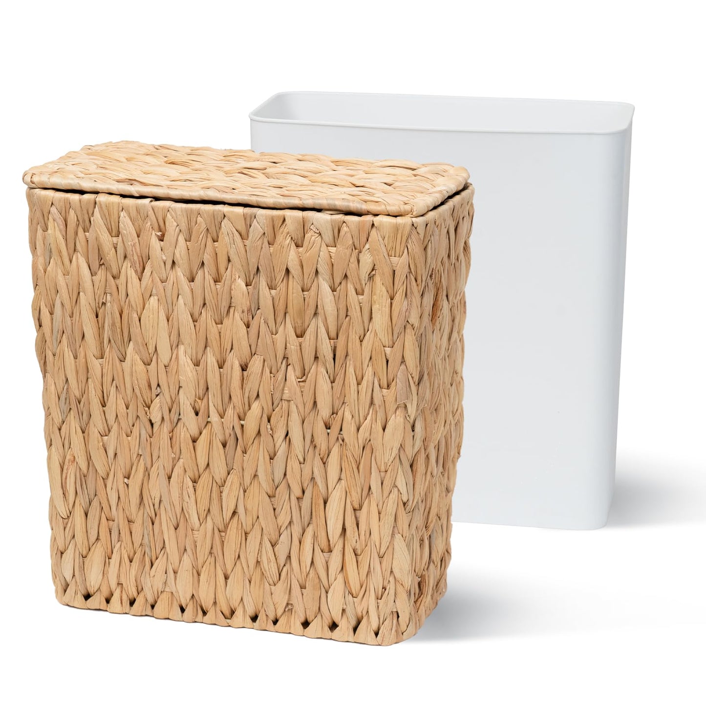 Coeusy 3 Gallon Wicker Trash Can,Small Bathroom Trash Can with Lid,Natural Water Hyacinth Wicker Waste Basket for Bedroom,Toilet,Narrow Garbage Can with Removable Liner