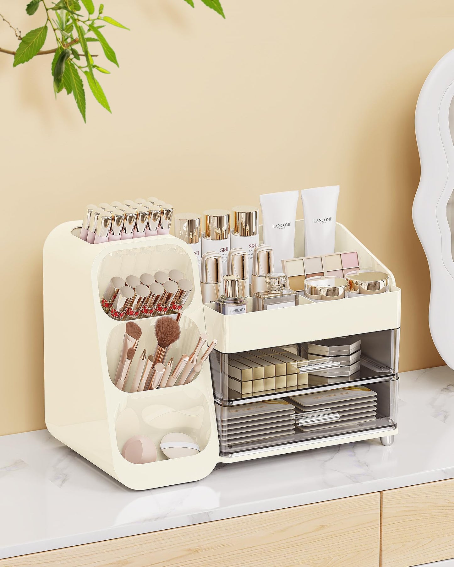 Anylady Makeup Organizer with Drawers, Skincare Organizer (Large Size Thick), Storage Box Cosmetic Display Cases, Make up Organizers for Vanity, Dresser, Desk, Kitchen, Countertop (cream)