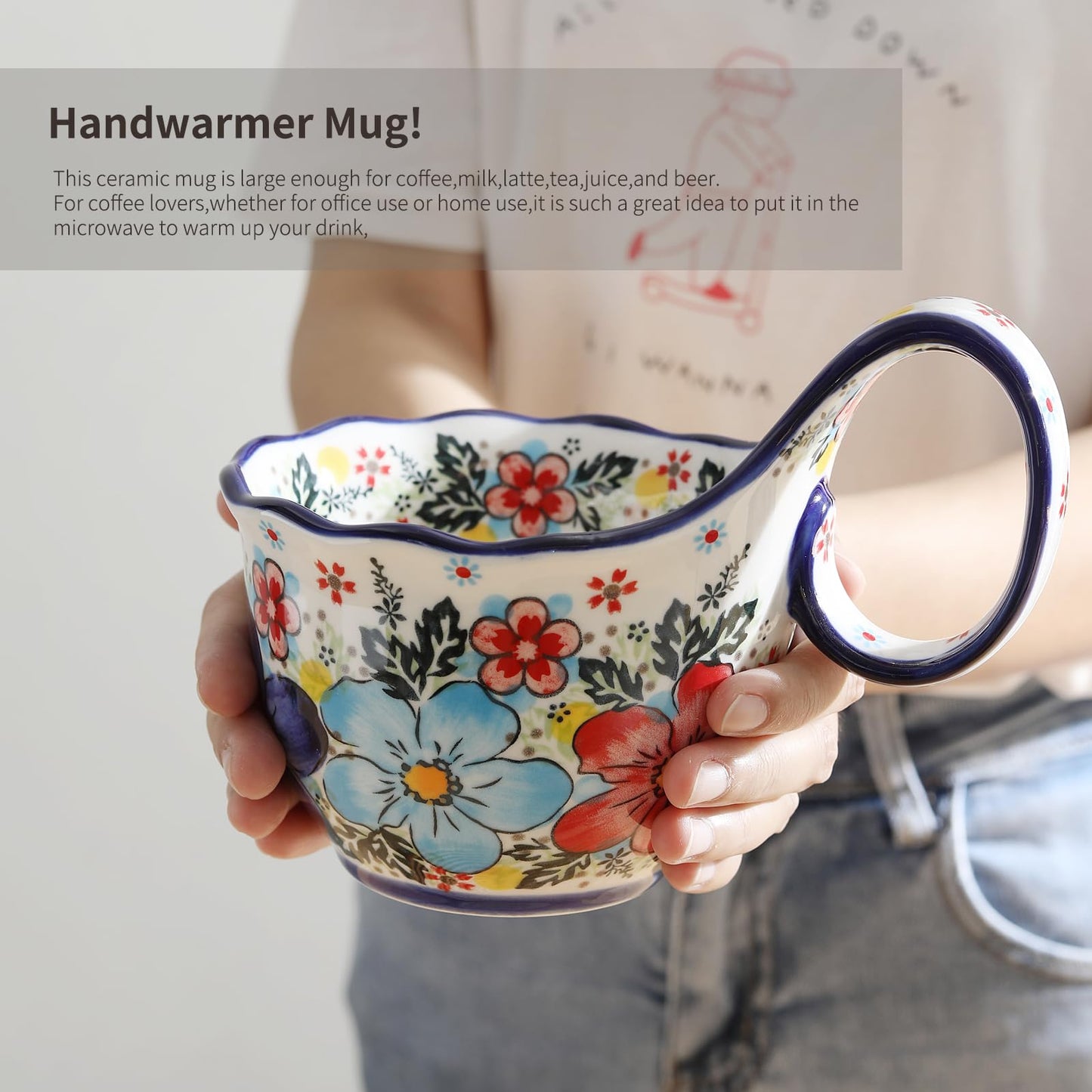 ALMA 18oz Microwavable Soup Bowl with Loop Handle, Handpainted Decorative Mug Big Handle, Ceramic Soup bowl for Mother, Cereal Bowl Great for Fruits, Chili, Stew, Ice cream