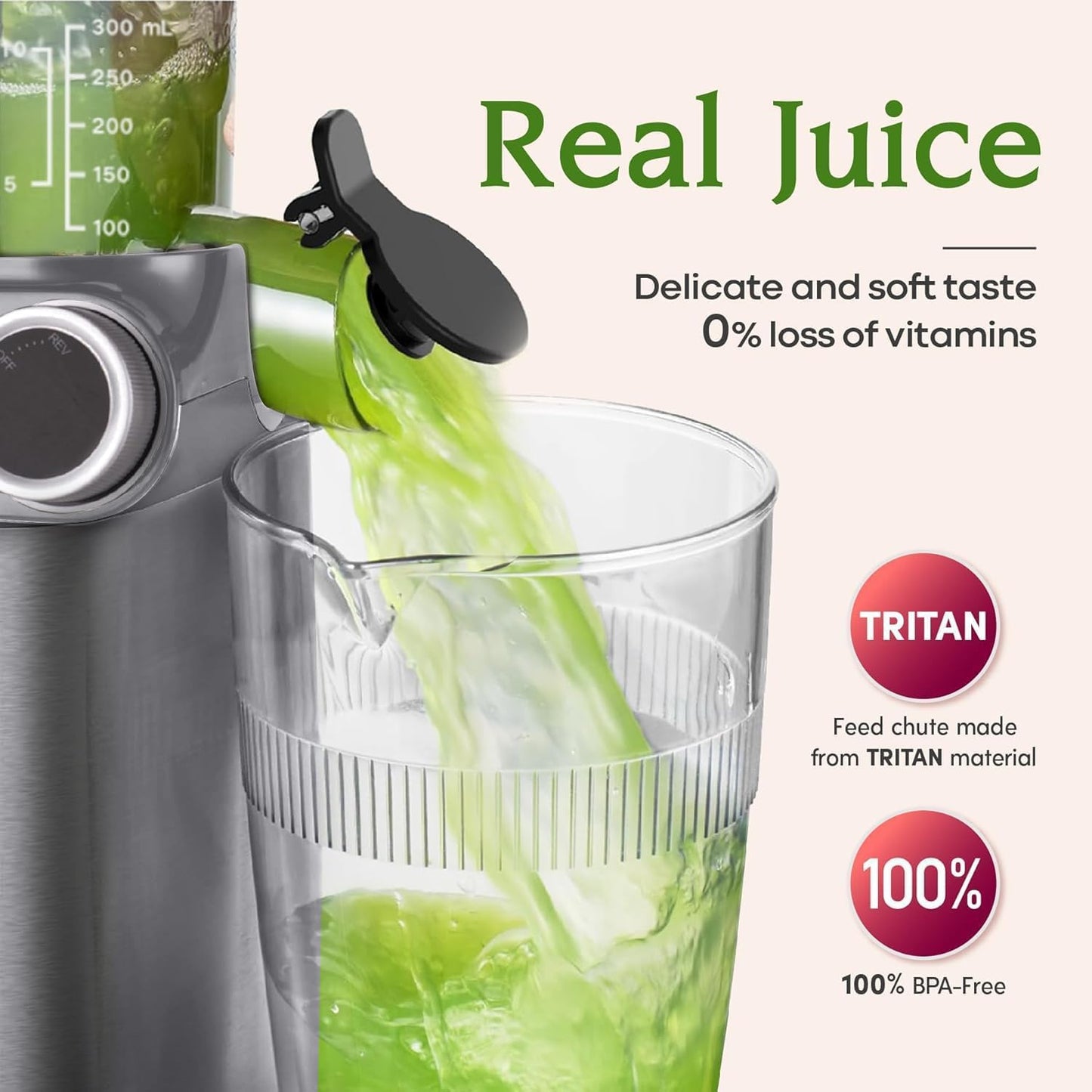 Anybear Cold Press Juicer, 200W Masticating Slow Juicer 4.3" Large Feed Chute Fit Whole Fruits Vegetables | Upgraded Auger | Tritan Material | BPA Free | Juice Recipes (Silver)