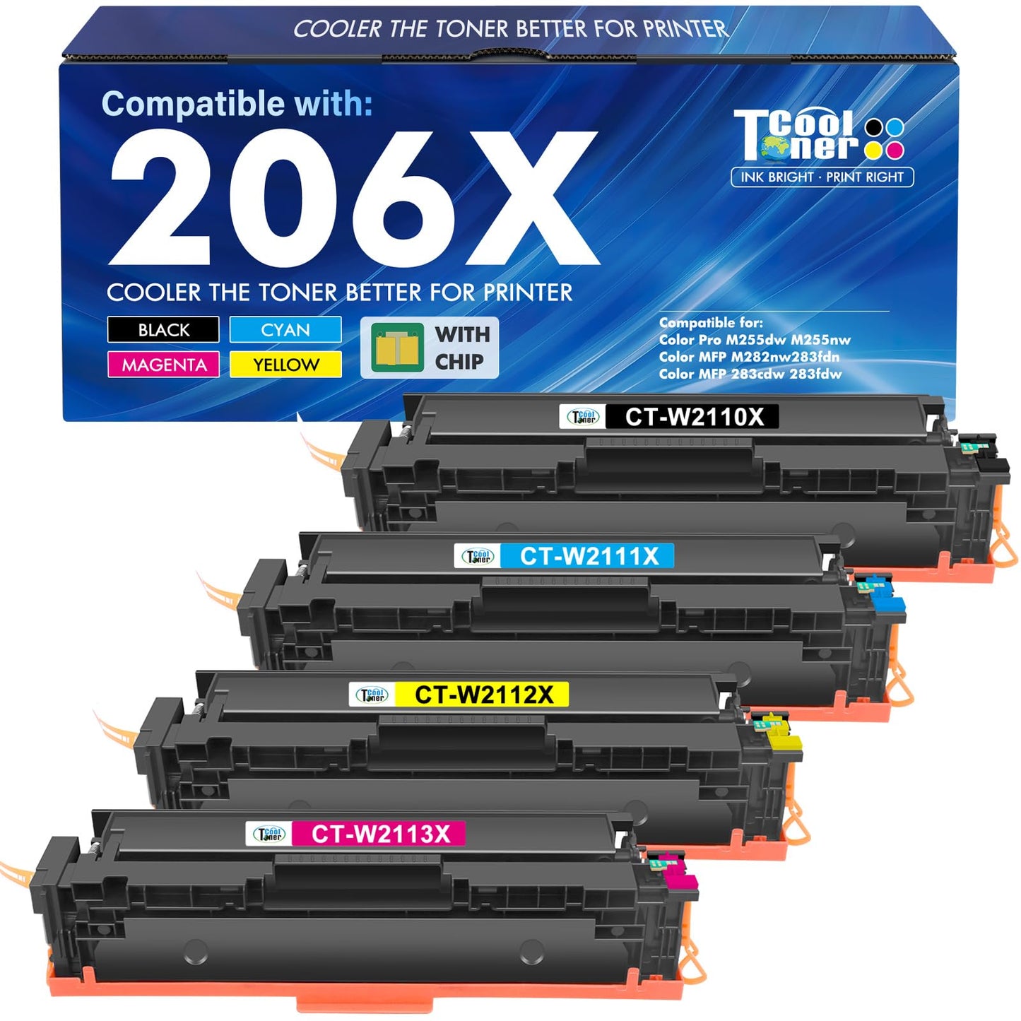 206X 206A Toner Cartridges 4 Pack High Yield M283fdw M255dw Compatible Replacement for HP 206X 206 M283cdw Color LaserJet Pro MFP M255nw M283 M255 Printer Ink (with Chip) (Black Cyan Yellow Magenta)