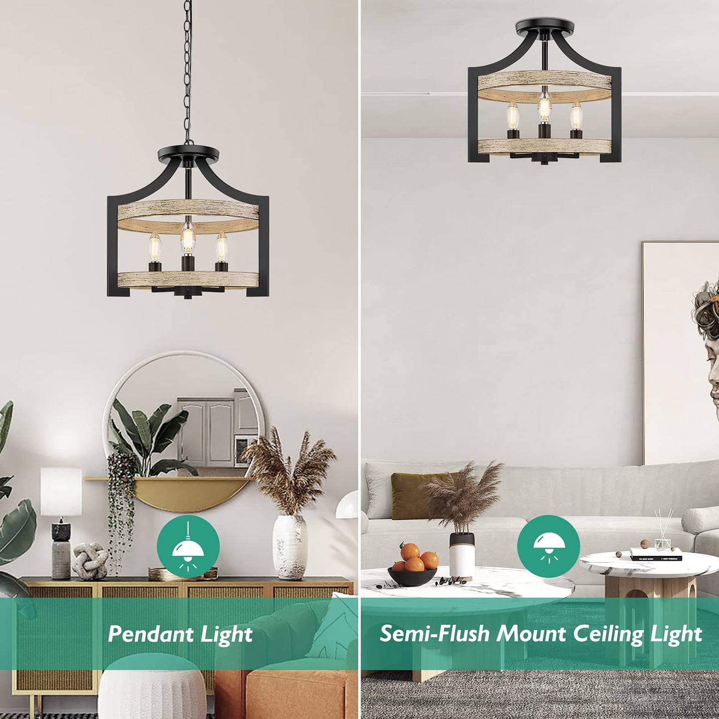 3-Light Rustic Farmhouse Pendant Hanging Light Adjustable Height Max 68in, 14.5” Convertible Vintage Semi Flush Mount Ceiling Light Fixture Black Metal Chandelier Wood Finish Kitchen Dining Room