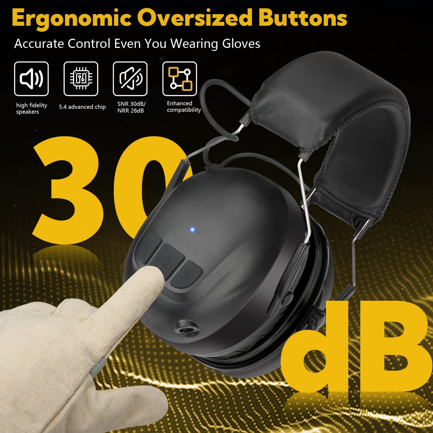 Kalence Gel Ear Pads Bluetooth 5.4 Hearing Protection Headphones, 30dB Noise Cancelling Headphones, 1200mAh Rechargeable Safety Earmuffs Bluetooth Ear Protection for Mowing