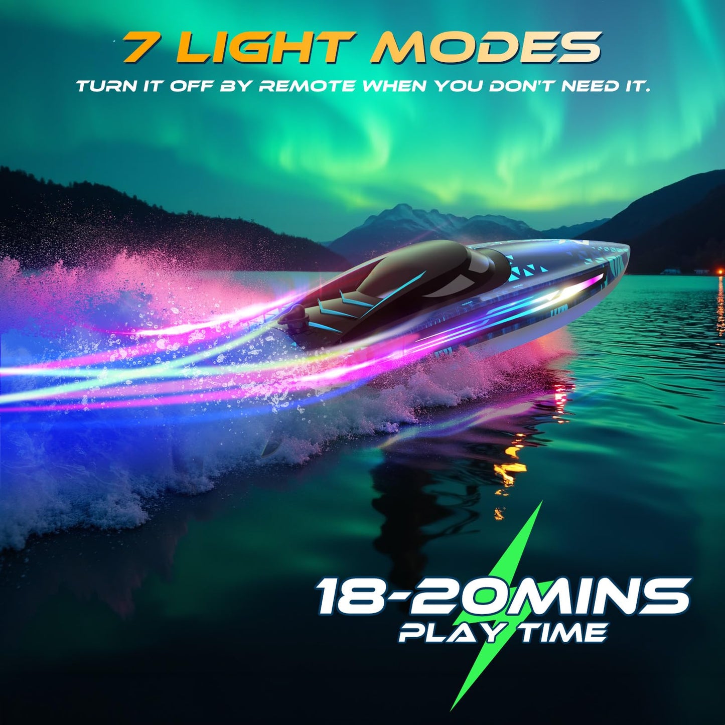 ARMEW RC Remote Control Boat with 7LED Light Modes for Adults Kids 8-12 Pool Lakes, Waterproof 25KMH Electric Fast Boat with Self-righting,Demo, Low Battery/Over Distance/Signal Interference Alarm