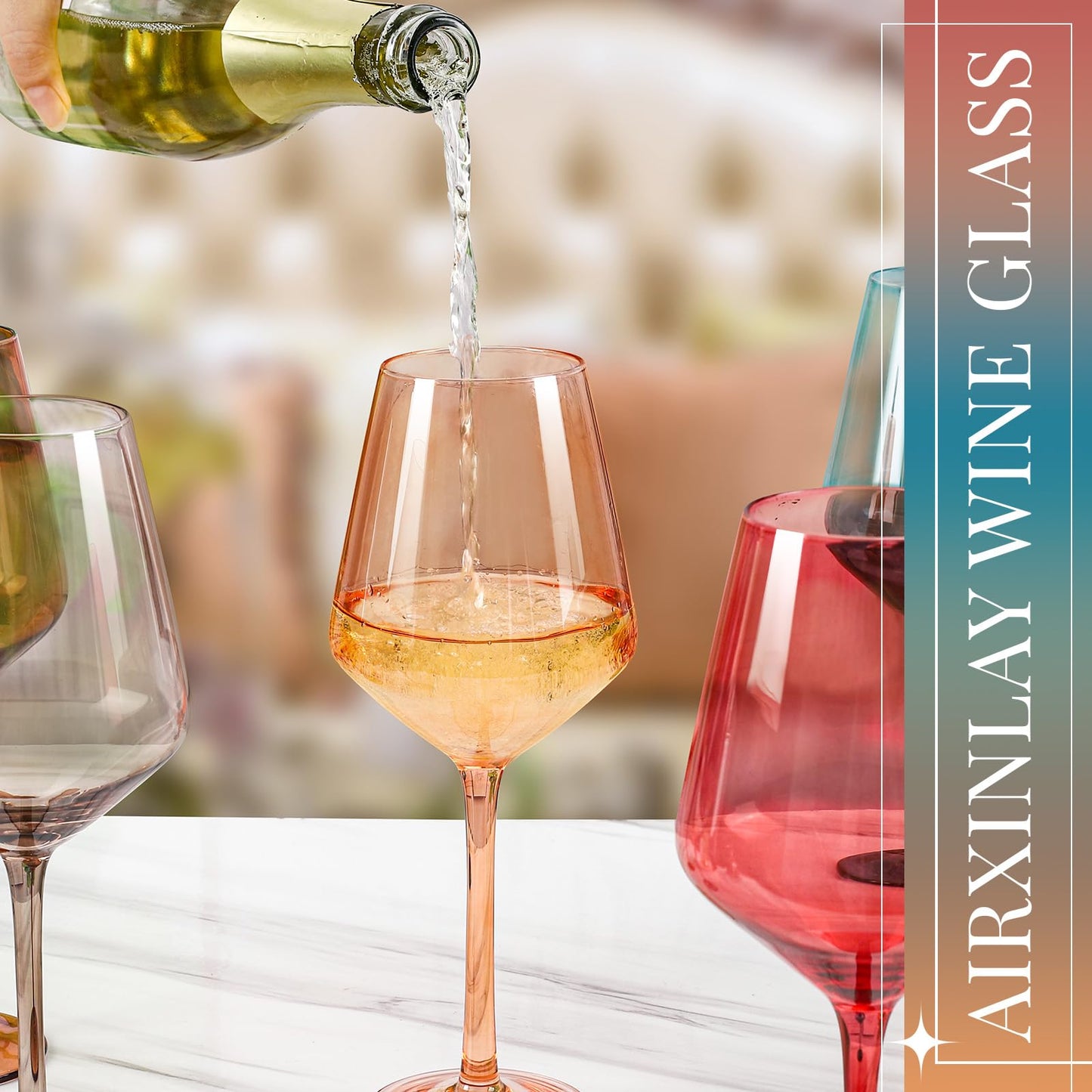 AIRXINLAY Colored Wine Glasses Set of 6-18.6oz, Colorful Wine Glasses by hand Blown Crystal,with Tall Long Stems for Party Home Bar Christmas Wedding gift set for wine lovers