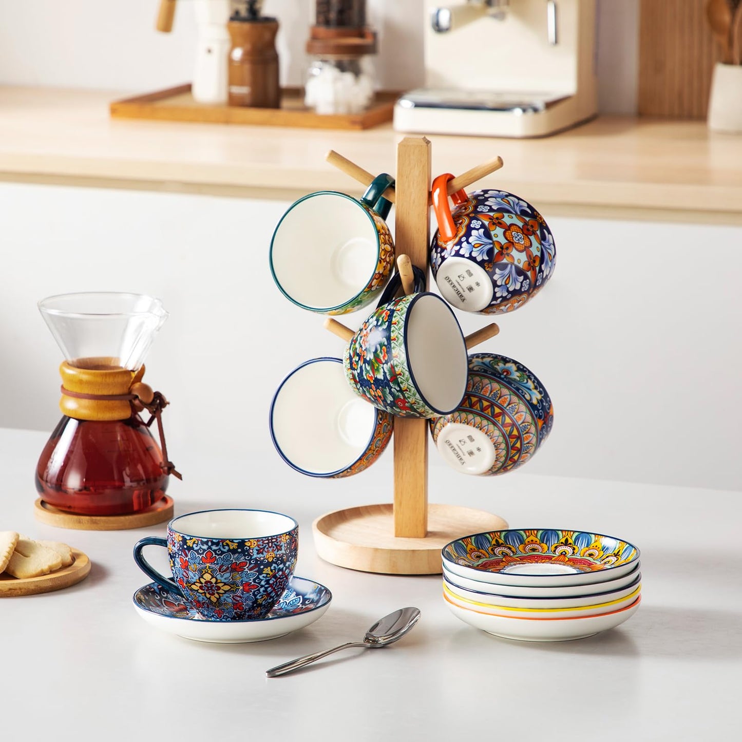 vancasso 8 oz Cappuccino Cups with Saucers Set of 6, Bohemian Ceramic Coffee Cup for Latte, Tea, Espresso, Microwave & Dishwasher Safe - Porcelain Tea Cups and Saucers for Kitchen or Cafe