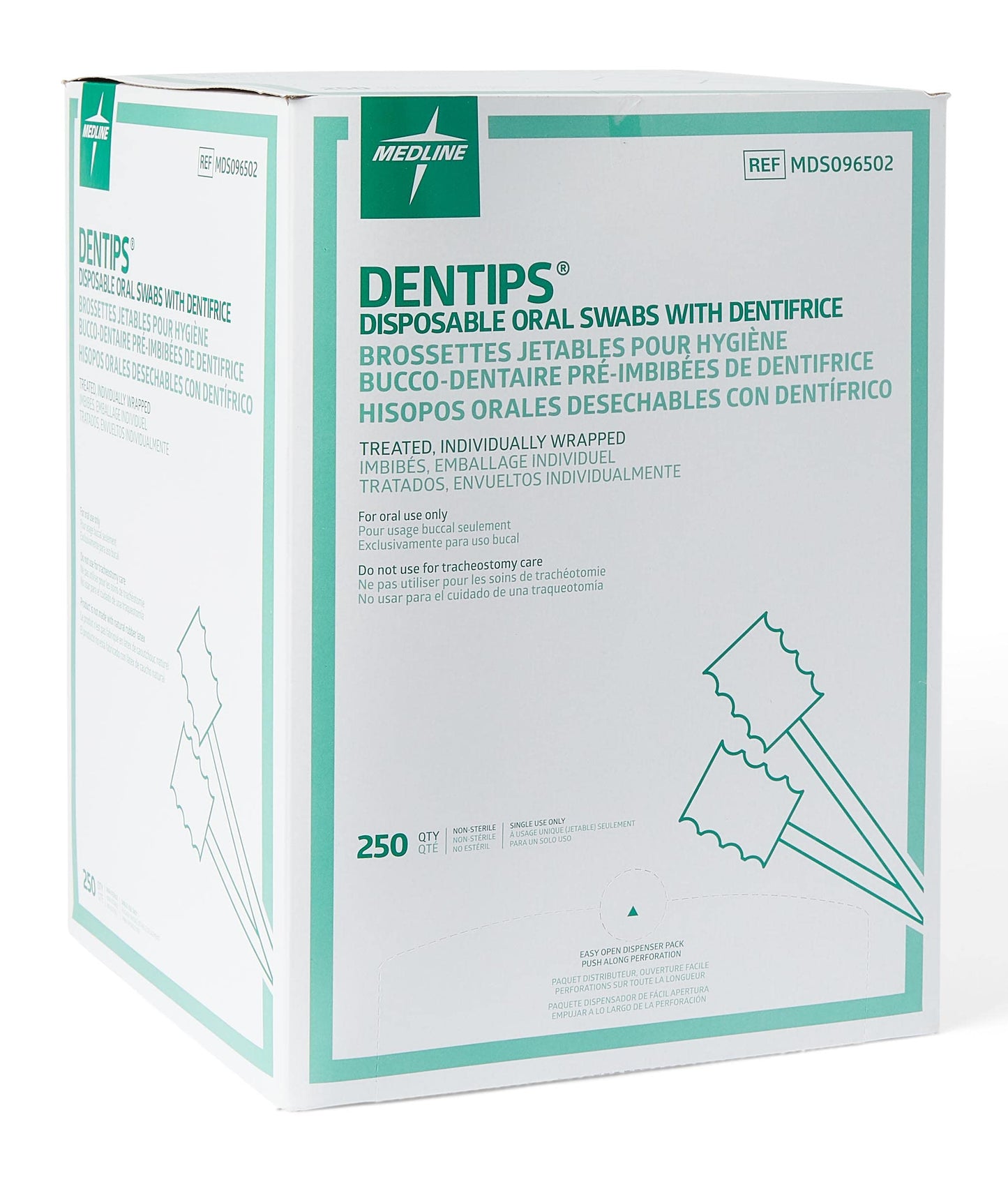 Medline Dentips Disposable Oral Swabsticks, Adult Mint Dentifrice-Treated, Green, 250 Count