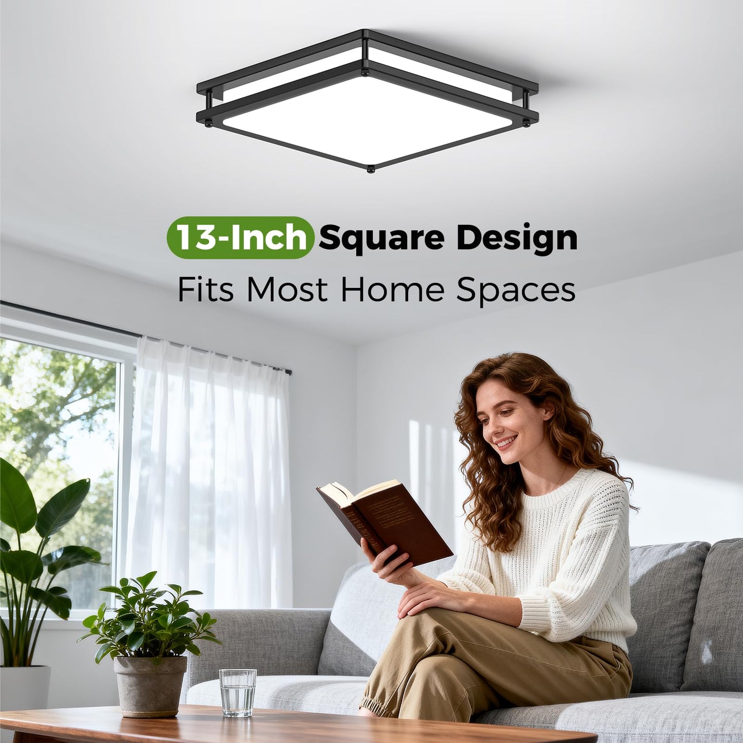 2-Pack 13 Inch Flush Mount LED Ceiling Light Fixtures, 36W 3200 Lumens Black Square Dimmable Ceiling Light, 2700K/3000K/4000K/5000K/6500K Adjustable Modern LED Lights for Bedroom Kitchen Bathroom