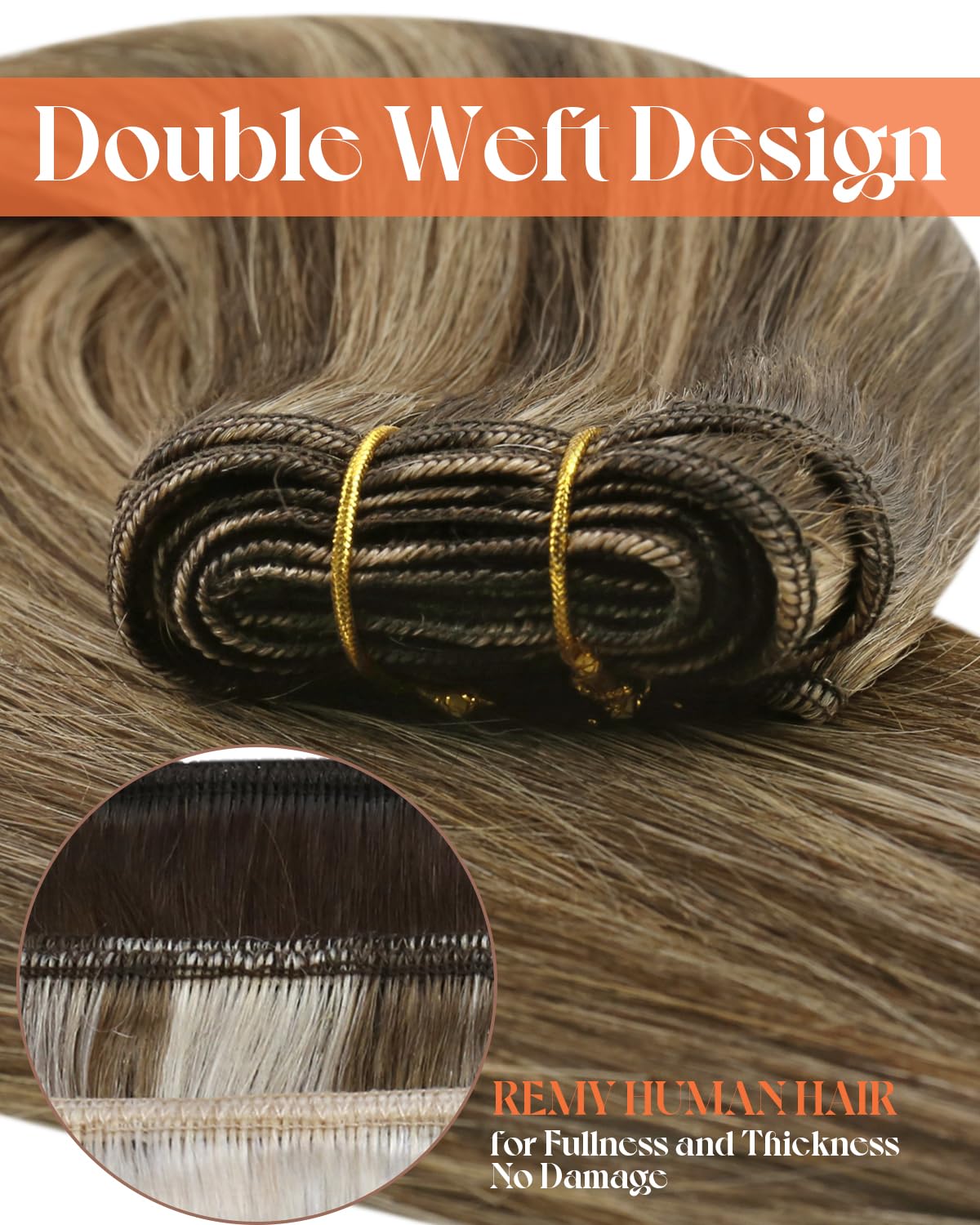 Sunny Weft Hair Extensions Human Hair Brown Sew in Extensions Highlights Hair Wefts Human Hair Sew in Dark Brown Highlights Caramel Blonde Sew in Hair Extensions Real Human Hair 18inch 100g