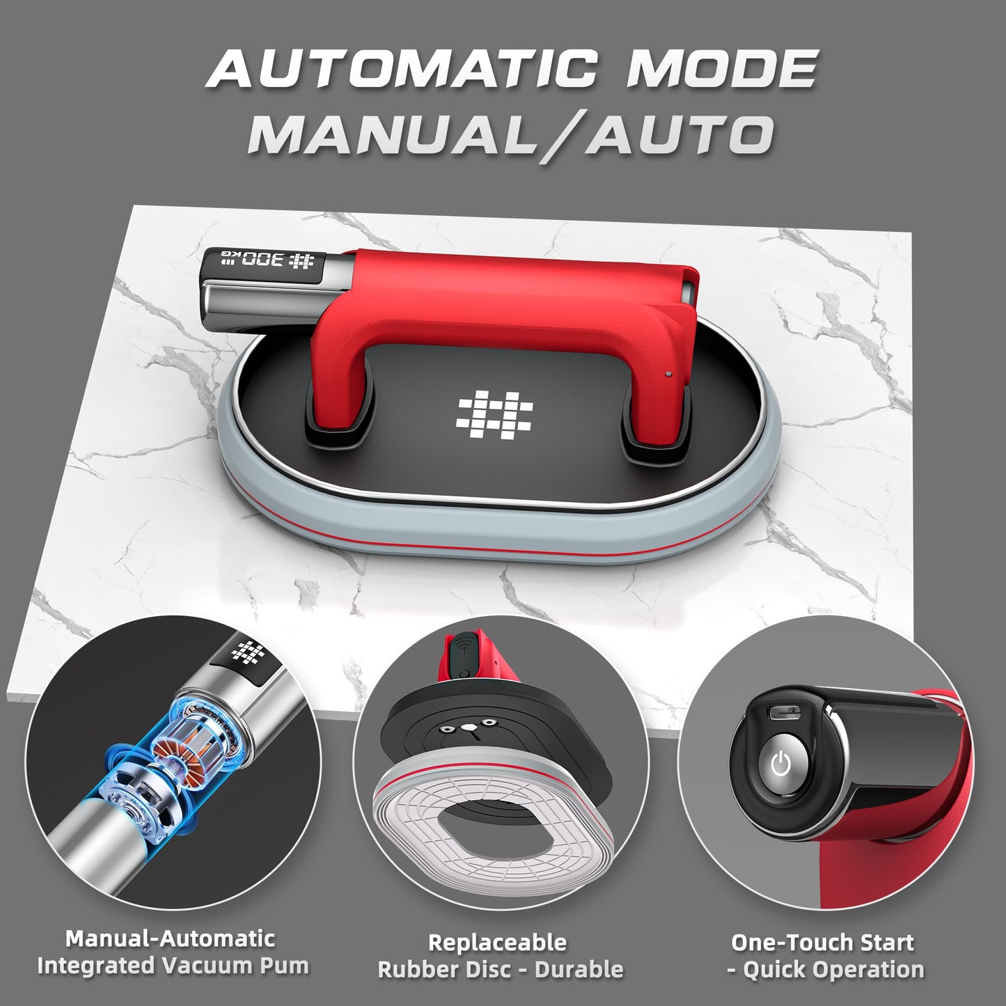 Electric Suction Cups for Glass, Auto&Manual Vacuum, 661lbs Max Load Tile Suction Cup Tool, Heavy Duty Vacuum Lifter with Digital Gauge, Glass Suction Cups for Granite, Metal, Windows