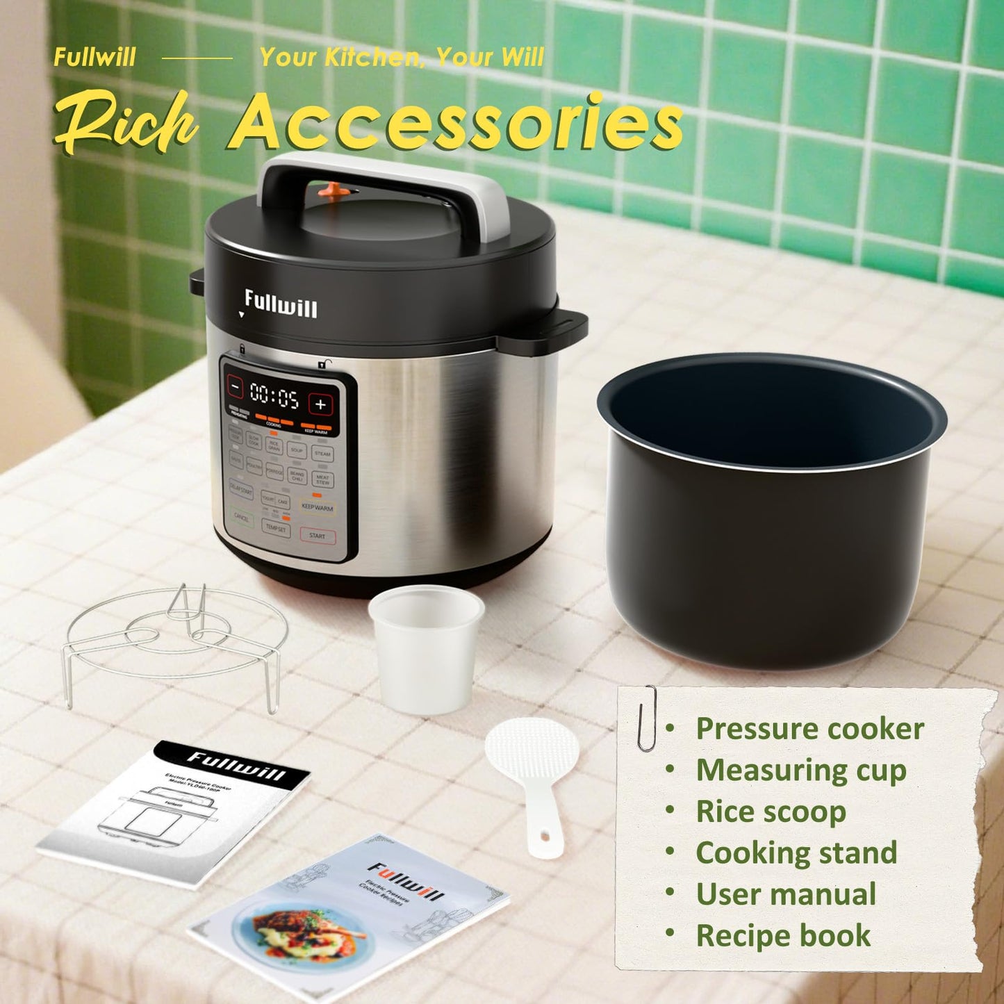 Fullwill 9-in-1 Electric Pressure Cooker, 12 Presets Instant Multi Cooker, Olla de Presion Nonstick Pot 6 Quarts Slow Cooker, Rice Cooker, Steamer, SautΓ©, Yogurt Maker, Warmer