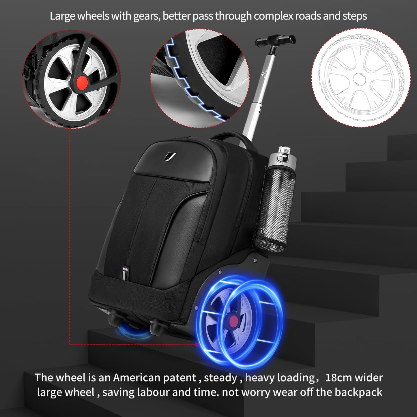 GOTECH Rolling Backpack,Waterproof Backpack with Wheels for Business and Travel Commuter, Carry on Backpack with Laptop Compartment, Fit 17 Inch Laptop, Wheeled Backpack for Adults