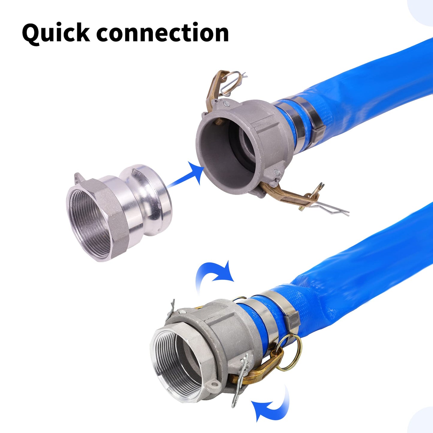 2" x 50ft PVC Lay Flat Discharge Hose With Aluminum Camlock C & E Fittings, Cam Lock Fitting Type A included, Heavy Duty Reinforced Pump Backwash Hose Assembly