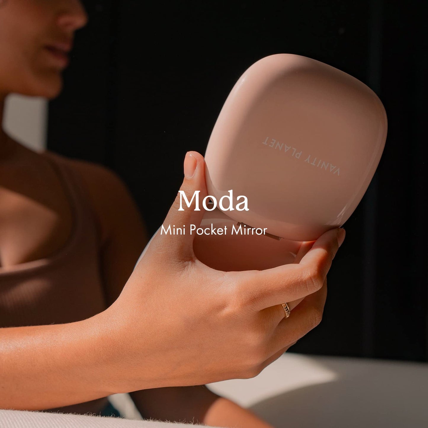 Vanity Planet Pocket Makeup Mirror with Lights & Magnification, Moda - Mini Light-Up Compact & Travel Makeup Mirror - Portable, Adjustable & Rechargeable LED Magnifying Mirror for On-The-Go - Nude