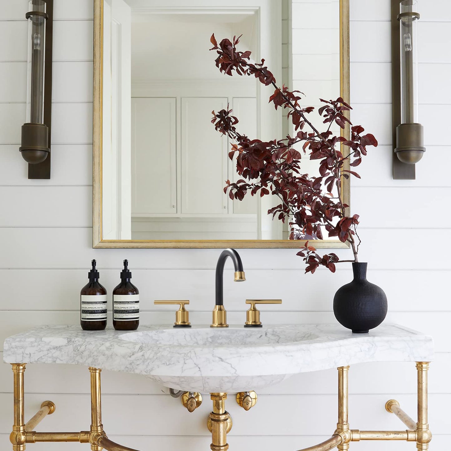 WOWOW 3 Hole Widespread Bathroom Sink Faucet With Pop Up Drain Stopper - 2 Handle Black and Gold Mixer Tap - Vanity Basin Faucet With Supply Hoses