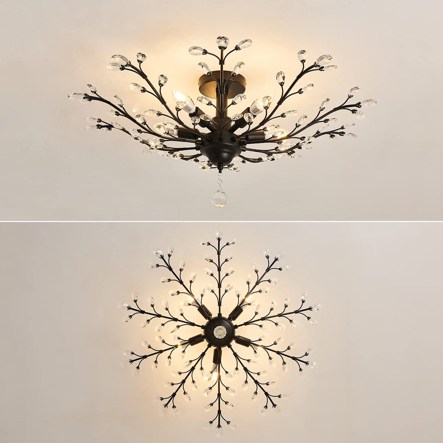 CVKASH 5 - Light Vintage Small Crystal Chandelier Modern Semi Flush Mount Ceiling Light Fixture Chandelier Lighting for Kitchen Bedroom Living Room Dining Room Hallway Foyer(Black)