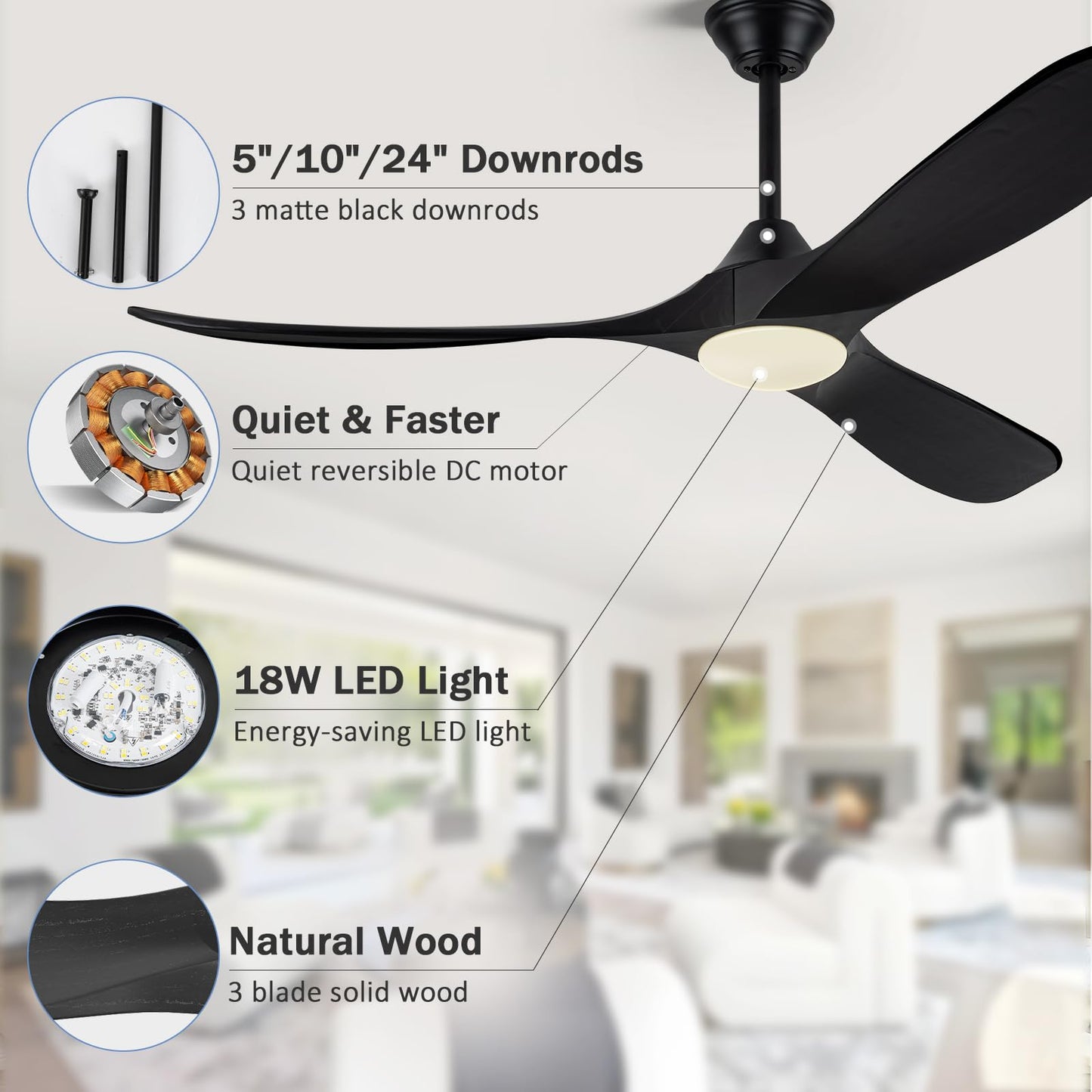 60 Inch Damp Rated Outdoor Ceiling Fan with Light, for Patio and Covered Porch - Quiet Energy Efficient DC Motor, 3 Black Wood Blades Rustic Farmhouse Style, Dimmable for Indoor Living Room, Bedroom