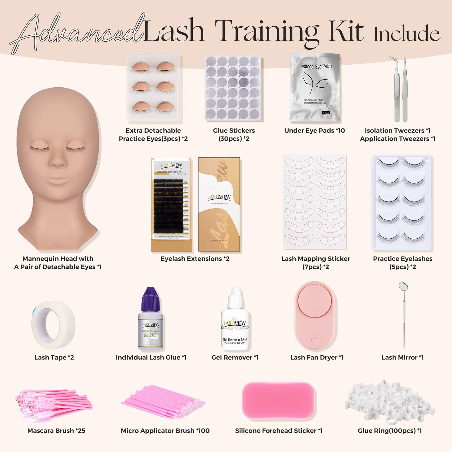 LASHVIEW Lash Kit for Beginners 338pcs Lash Extension Kit Professional Mannequin Head With 7 Pairs Replaced Eyelids Silicone Training Set Include Mini Fan Dryer Makeup Natural Skin Color