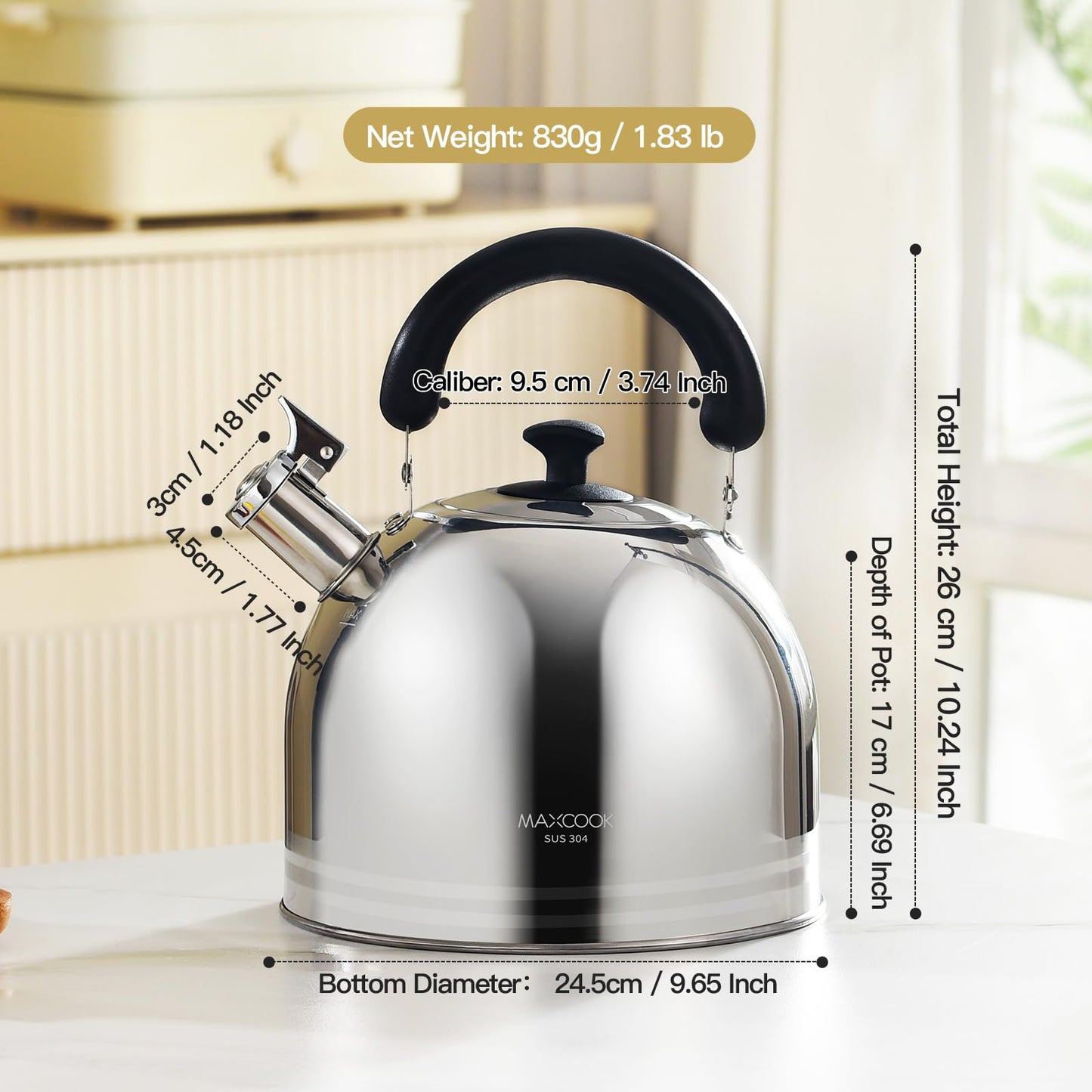 MAXCOOK Tea Kettle, 5.7QT 6L Whistling Tea Kettle for Stove Top, 304 Stainless Steel Tea pot, Large Teapot for stovetop, Camping Kettle for Boiling Water (Mirror Polish)