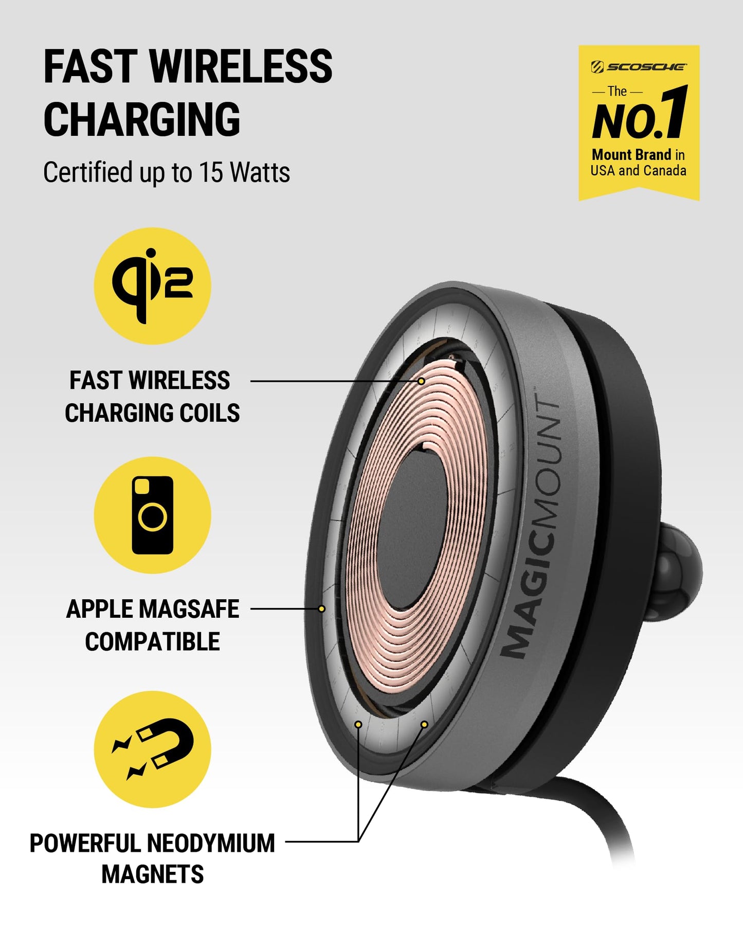 Scosche Qi2 Wireless MagSafe Car Mount Charger, 15W Magnetic Cell Phone Holder for Car with AMPS Mounting Plate for ProClip Vehicle Specific Mount Bases Compatible with iPhone, Samsung