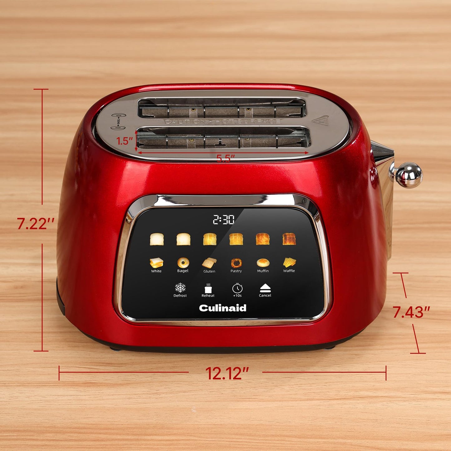 Culinaid Toaster 2 Slice Smart Touch Screen, Retro 1.5'' Extra Wide Slot Stainless Steel Digital Bread Toaster with Memory Function, Bagel, Defrost, 6 Browning Levels and Removable Crumb Tray, Red