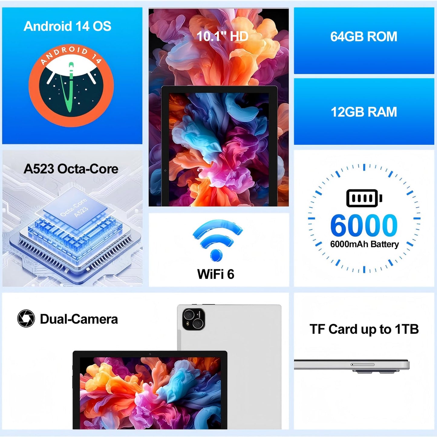 ATMPC Tablet 10 inch Android 14 Tablet with Octa Core Processor 12GB RAM 128GB ROM 1TB Expandable 1280x800 IPS Touchscreen, 6000mAh Battery, WiFi 6, BT 5.4, Dual Camera (Sliver)