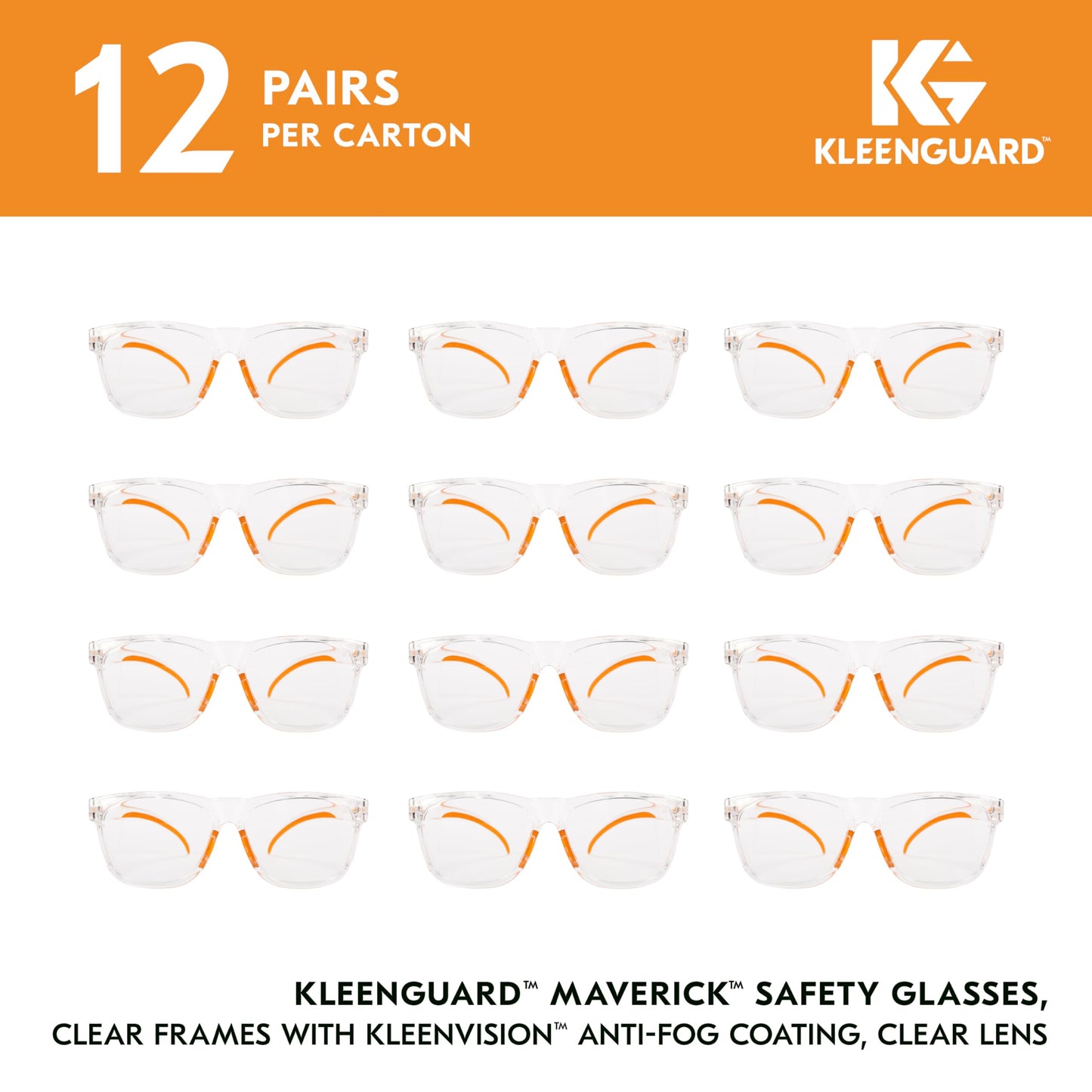 KleenGuard™ V30 Maverick™ Safety Glasses (49301), with KleenVision™ Anti-Fog Coating, Clear Lenses, Clear Frame, Unisex for Men and Women (Qty 12)