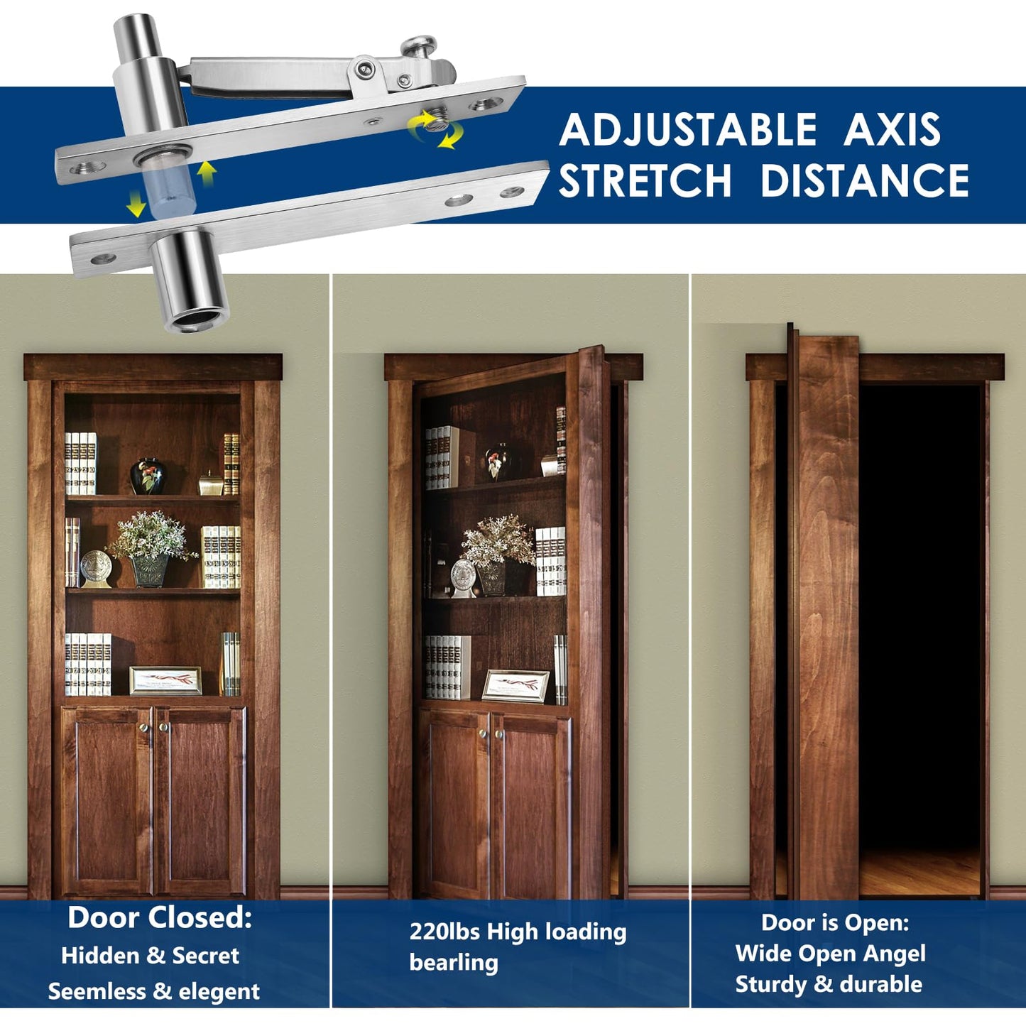 2 Pack | Heavy Duty Pivot Hinge for Wood Door - HBL' Stainless Steel Hidden Door Hinge for Secret Door, with 360 Degree Rotation, Invisible Pivot Door Hardware for Bookshelf.