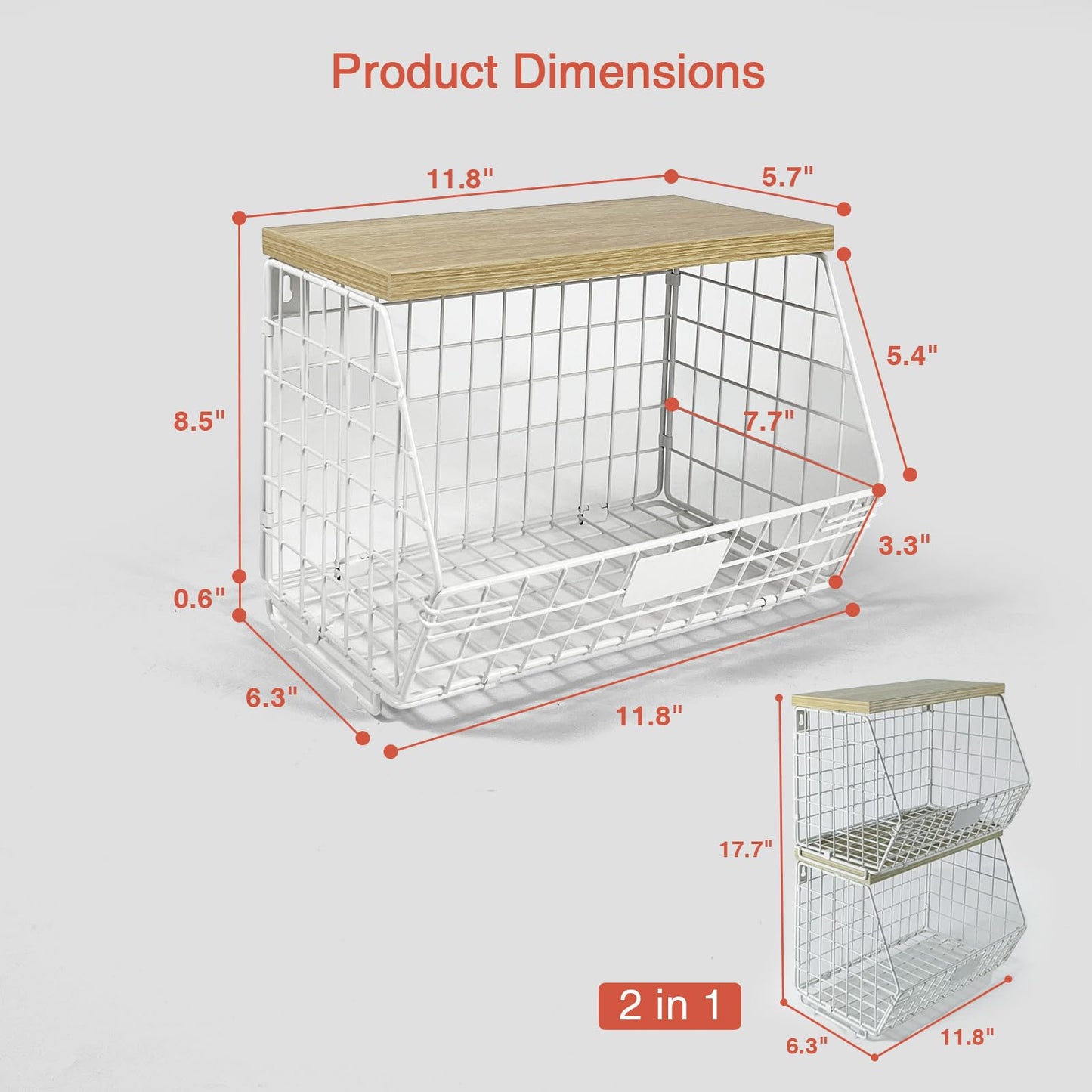 Goozii White Fruit Storage Basket for Kitchen Counter Set of 2, Wall Mount Wire Fruit Basket with Shelf with Banana Hanger, Hanging Countertop Organizer for Bathroom Pantry Cabinet, White + Natural
