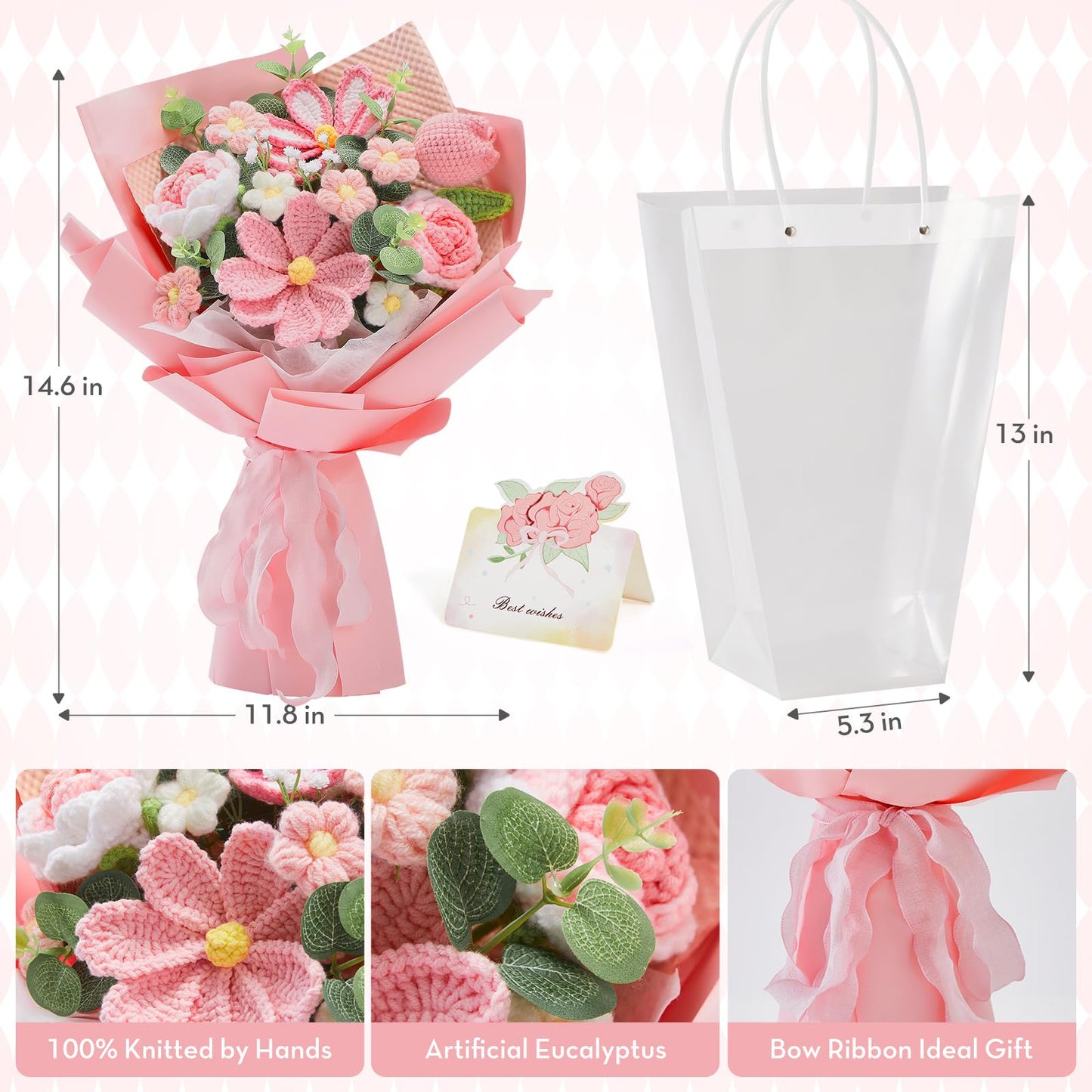 Alecono Crochet Flower Bouquet, Pink Knitted Flowers, Crochet Tulip Galsang Flower for Lover Anniversary Birthday Party Mother's Day Graduation Gifts (Include Card)