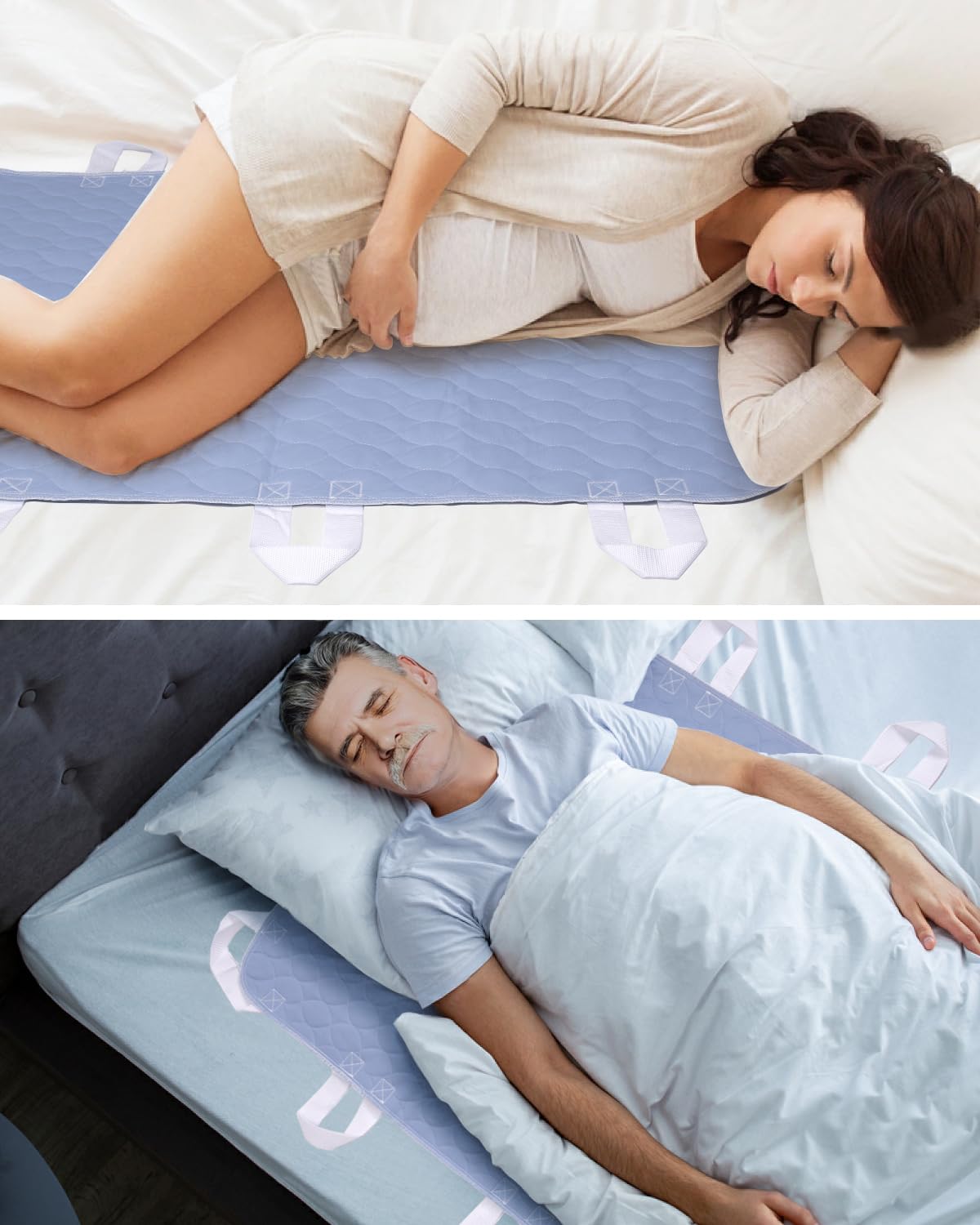 2 Pack Positioning Bed Pad with Handles, 8 Sturdy Handle Washable Bed Pads for Incontinence, Waterproof, Reusable Underpads for Elderly Hospital Home Care, Blue, 36”×52”