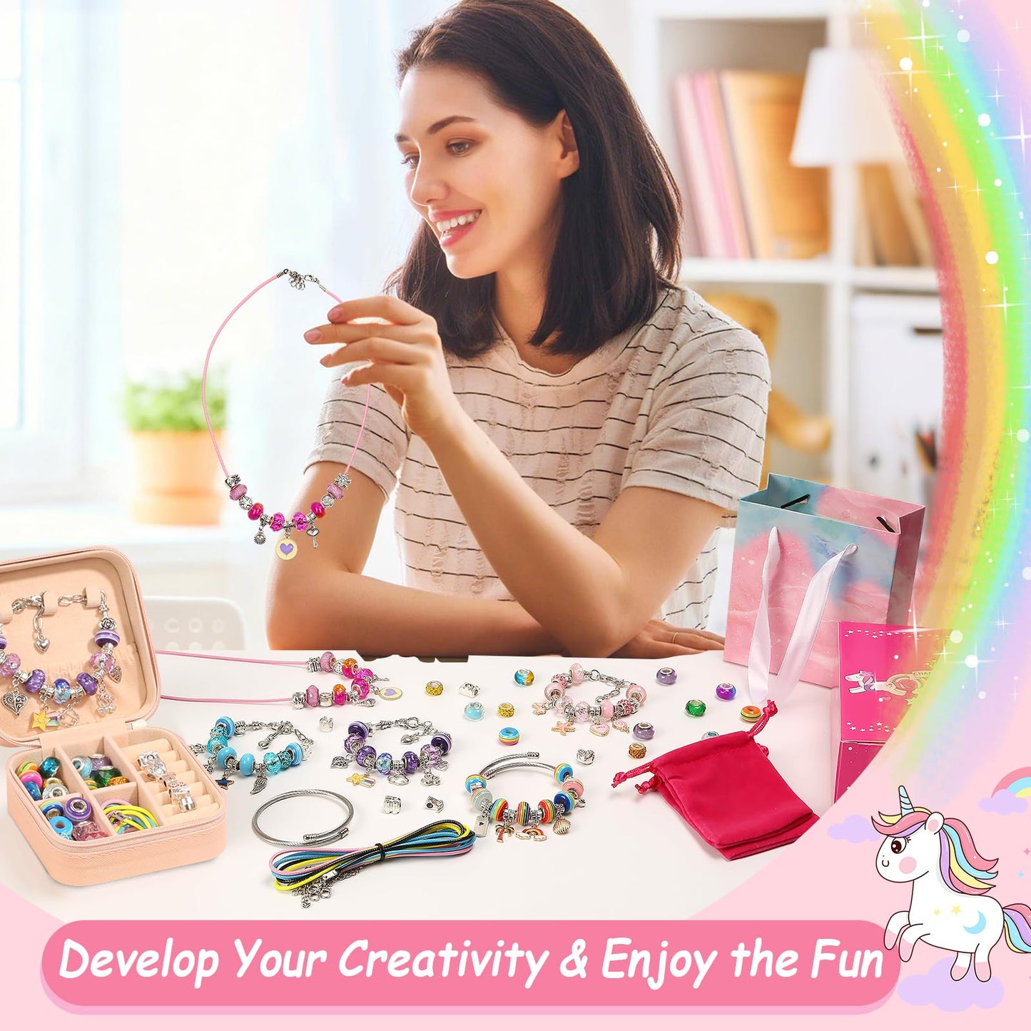 Charm Bracelet Making Kit, 140 PCS DIY Craft Bead Sets Jewelry Making Kit, Portable Bracelet Organizer Gift Box for Birthday Christmas Stocking Gift