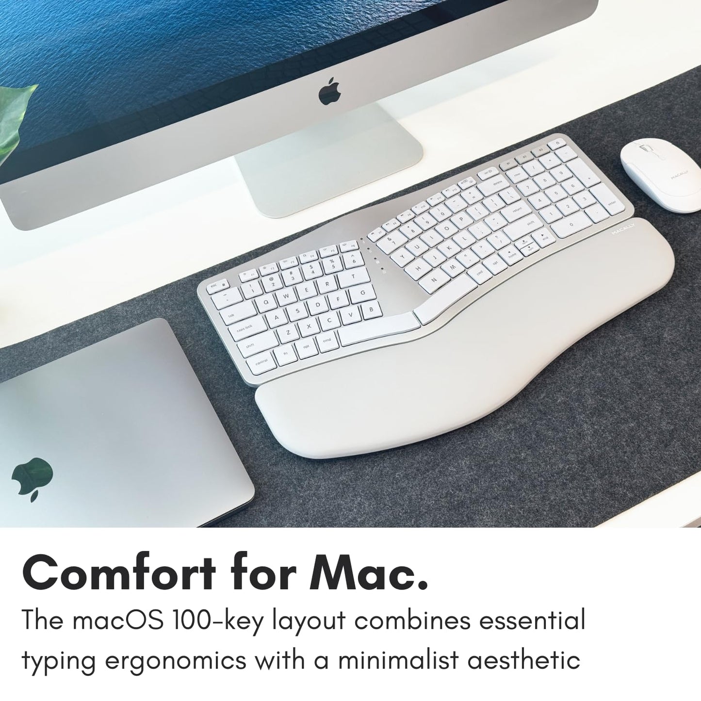 Macally Backlit Bluetooth Ergonomic Keyboard for Mac - Sculpted for Comfort - Wireless Ergonomic Keyboard (100-Key MacOS Layout) - Rechargeable Split Ergo Keyboard - MacBook, iMac, iPad, iPhone