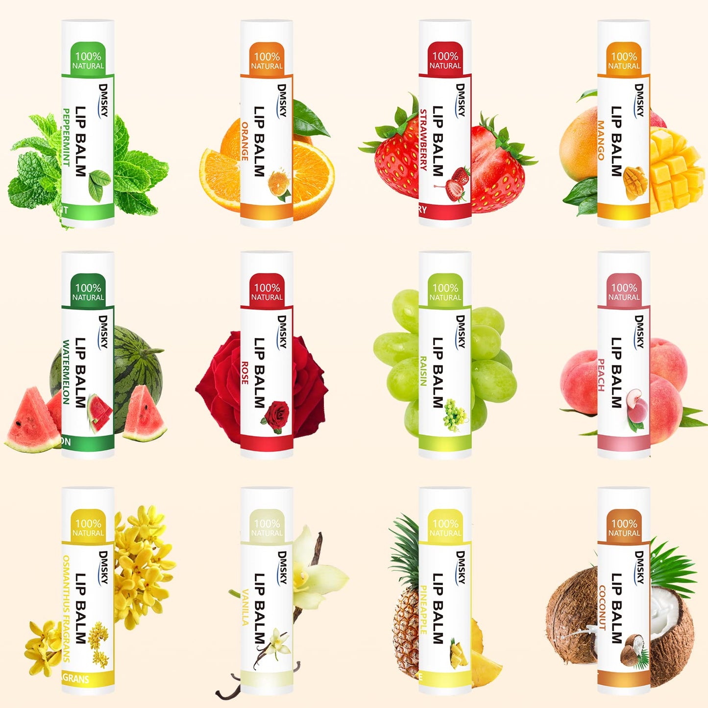 DMSKY 120 Pack Lip Balm, Natural Lip Balm Bulk with Vitamin E and Coconut Oil, Moisturizing Lip Balm for Chapped Lips, Bulk Lip Balm for Women-12 Flavors