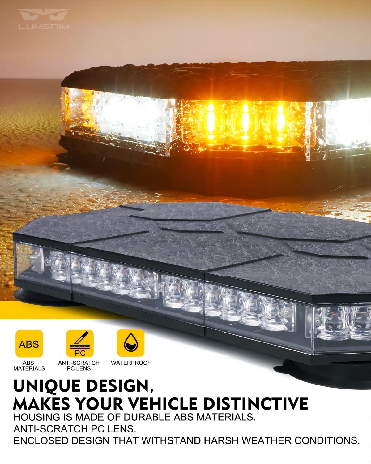 LUMENIX LED Rooftop Strobe Beacon Lights Bar w/Controller Magnetic Emergency Traffic Warning Flashing Plow Light for Construction Vehicles Trucks Snowplow Postal Mail Cars -White Amber (Patent Design)