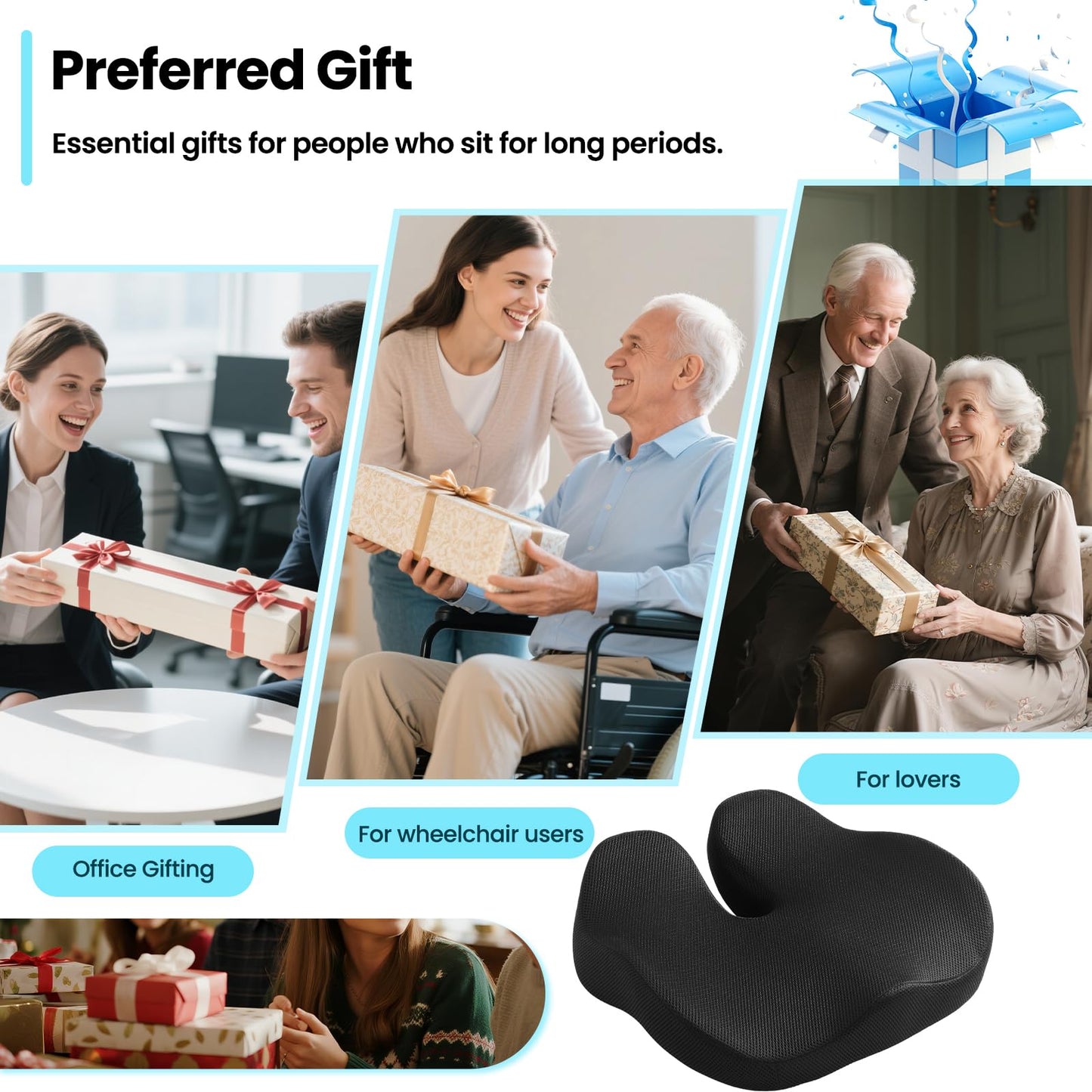 CXC Tailbone Pain Relief Seat Cushion, Coccyx Memory Foam Cushion for Sciatica & Pressure Relief, Ergonomic Seat Pad for Office Chair, Car & Wheelchair, Non-Slip (Black - Breathable Mesh)
