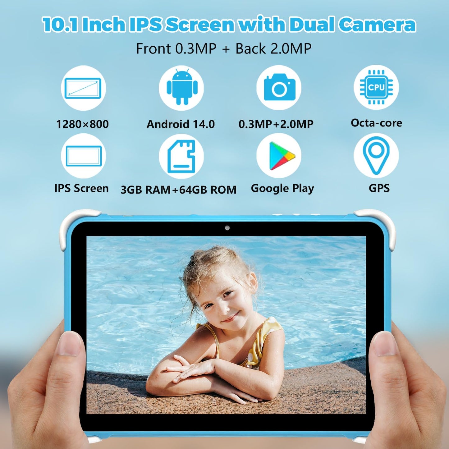 Kids Tablet 10 Inch,Tablet for Kids Android 14,3GB+64GB,8-Core CPU,2.4/5G WiFi WiFi 6,12H Battery Life,Parental Control,1280x800 HD Display,Dual Cameras,Shockproof Case,Pre-Installed Educational Apps