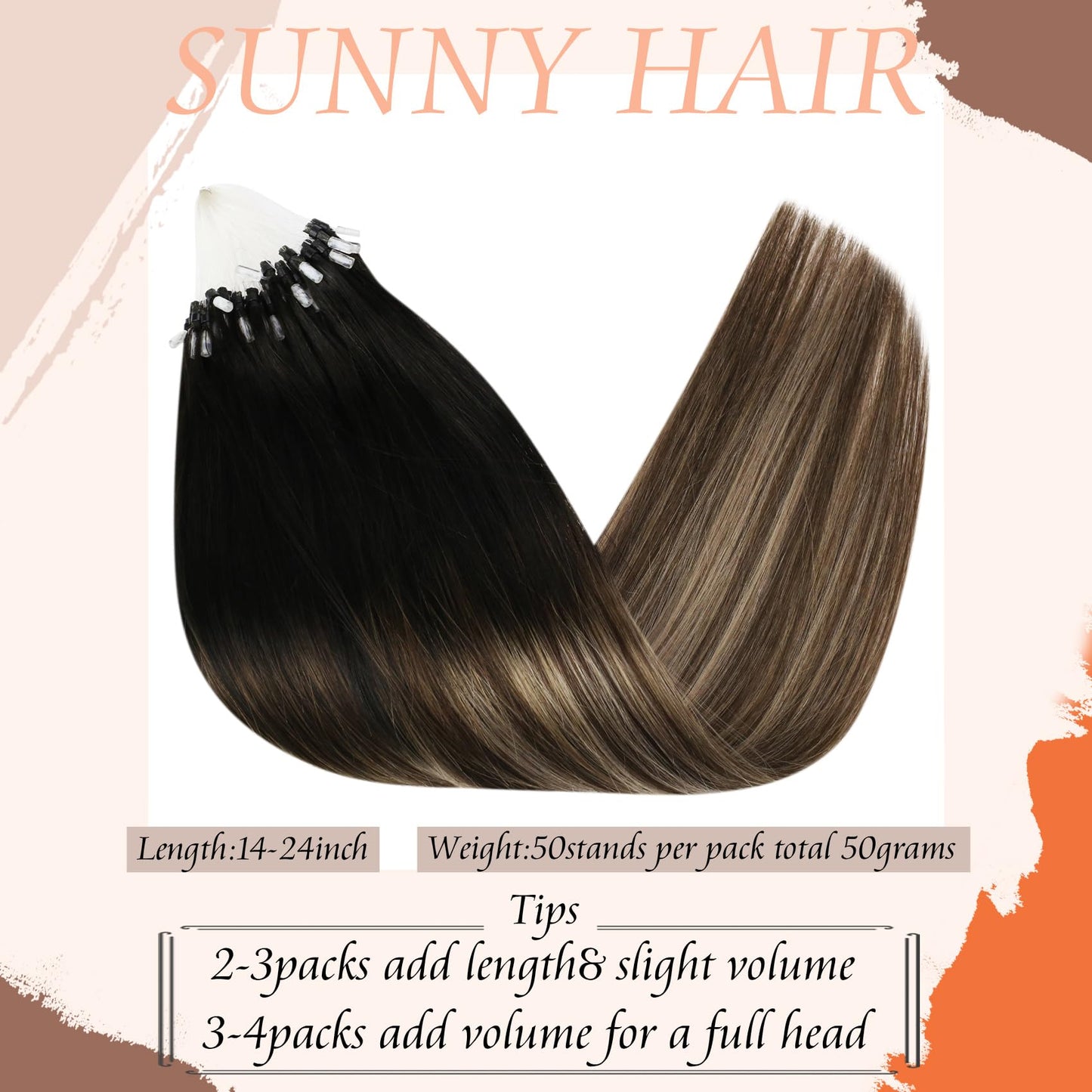 Sunny Hair Micro Loop Hair Extensions Real Human Hair Soft Micro Ring Hair Extensions Human Hair Black Balayage Dark Brown Ombre Medium Ash Blonde Micro Hair Extensions Black for Women 50g 20inch