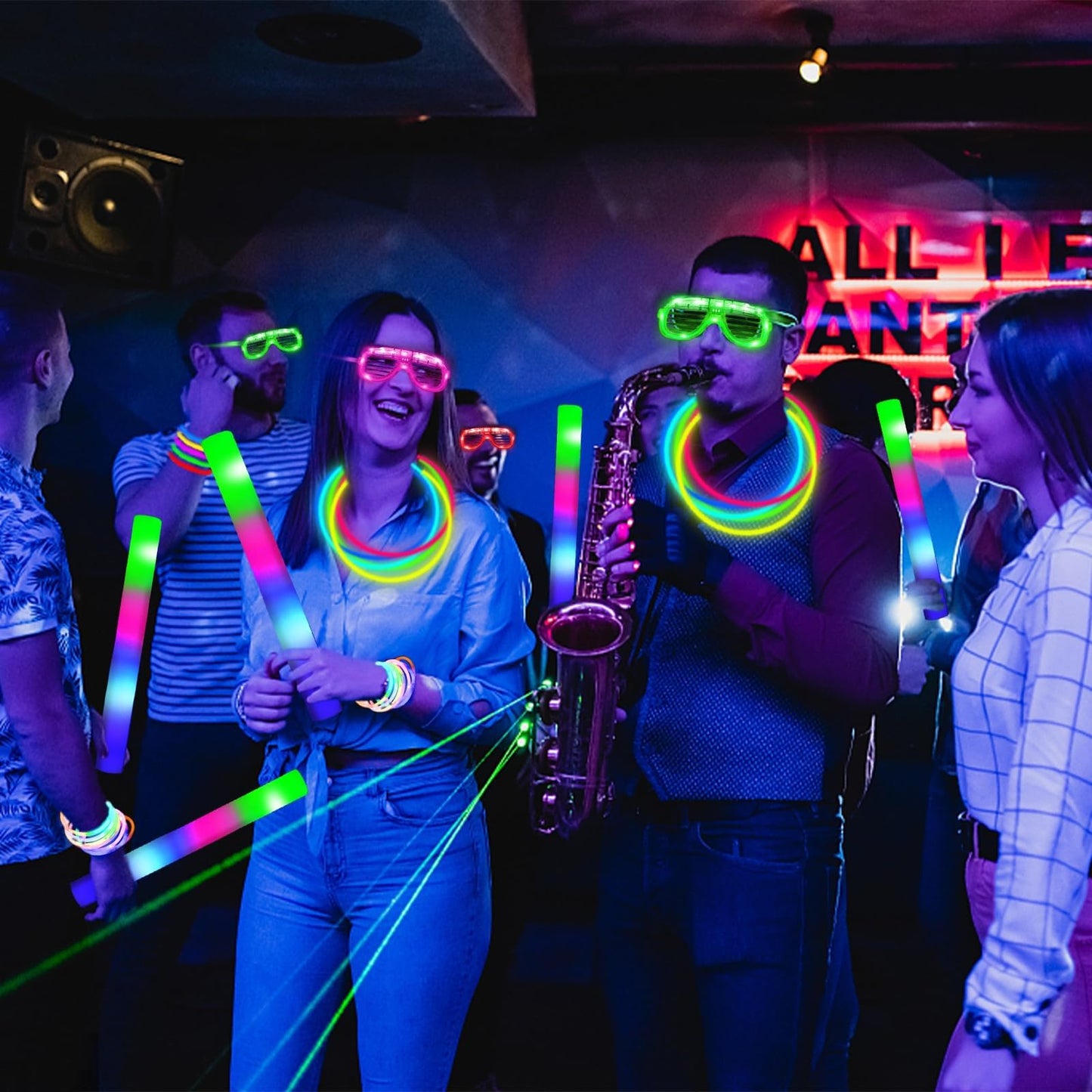 Camlinbo 148 PCS Glow in the Dark Party Supplies- 24 Pcs 16" Foam Glow Sticks, 24 Pcs LED Glasses, 100Pcs Glow Sticks Necklaces Bracelets Light Up Party Favors Pool Party Wedding Concert Halloween