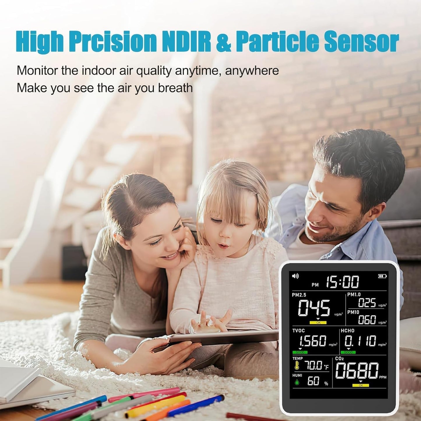 9-in-1 Professional Indoor Air Quality Monitor Indoor Portable PM2.5/PM10/CO2,Temperature, Formaldehyde Detector,Humidity TVOC,Time Display Air Quality Tester (Pearly White)