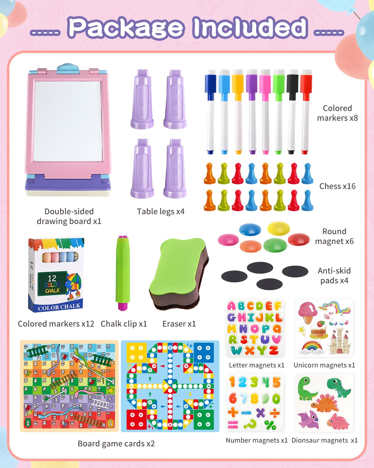 Elovien Easel Kids, 4 in 1 Double Sided Toddler Art Easel with Chalkboard & Magnetic Whiteboard, Foldable Kids Tabletop Easel with Drawing & Writing Supplies - Educational Toy Gift for Girls (Purple)