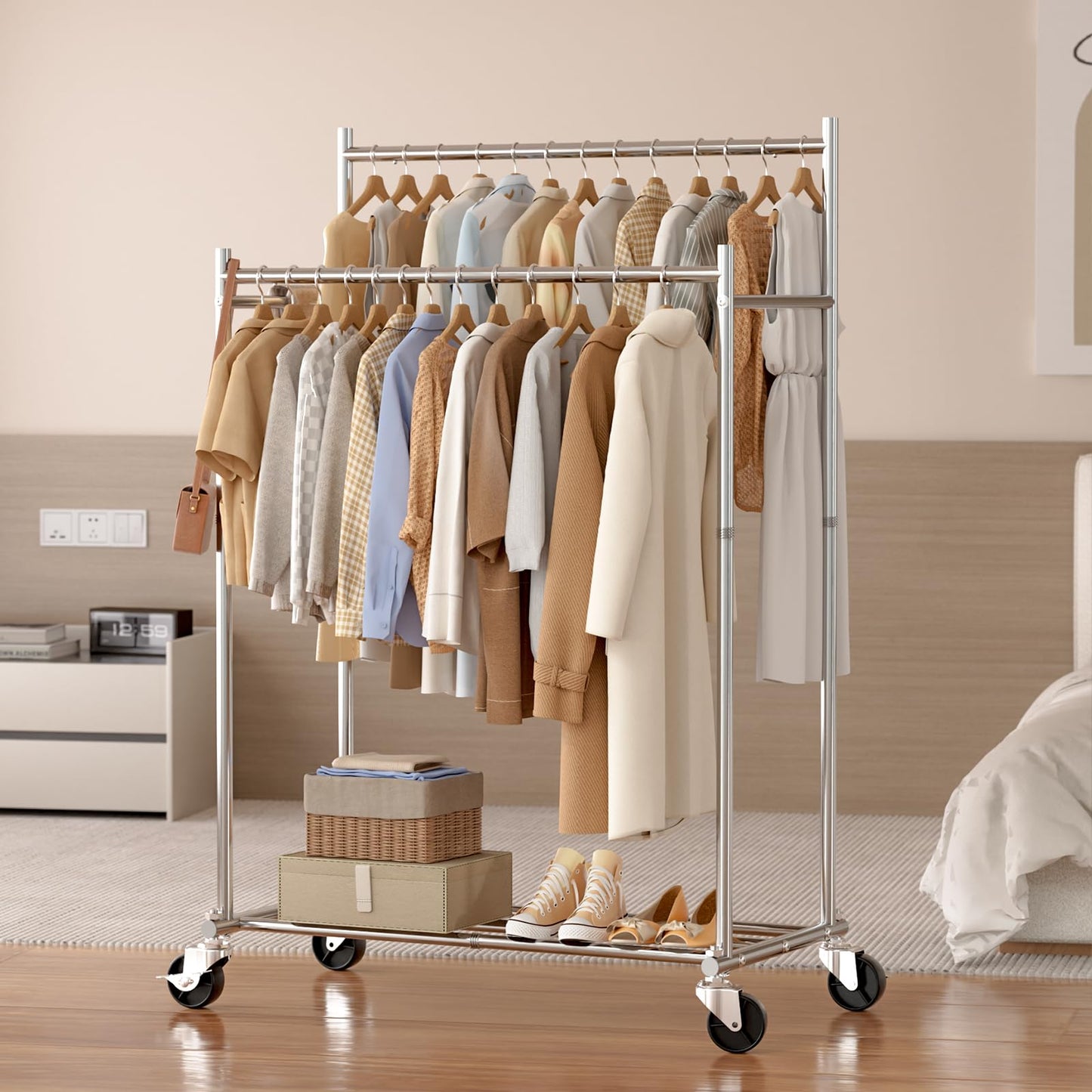 HYSEYY Clothes Rack,Double Rods Rolling Clothing Rack for Hanging Clothes load 400LBS,Portable Garment Coat Rack with Wheels Wardrobe Closet for Bedroom Laundry Room,Retail Store,Silver