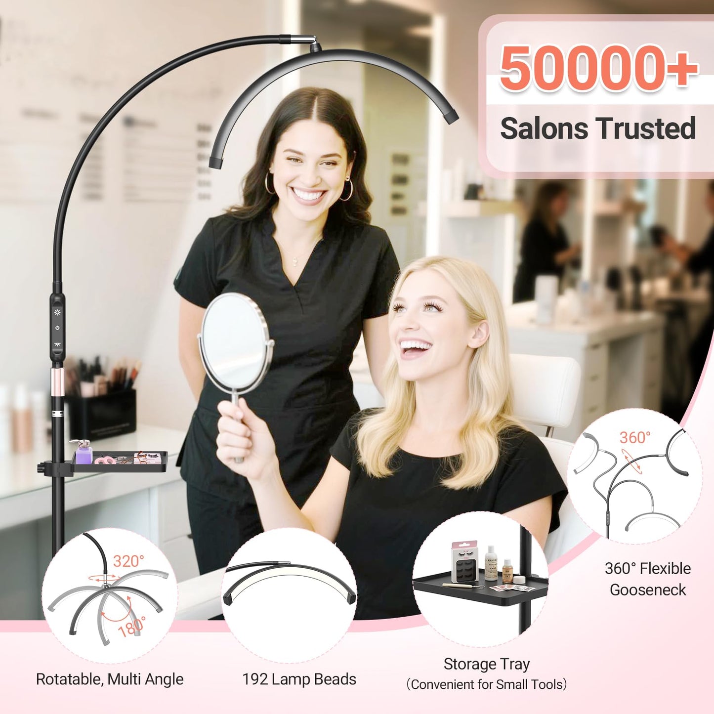LIONVISON Half Moon Lash Light: 6500K LED Lamp Ring Light with Tray - 360° Flexible Gooseneck Durable Metal Stand - Salon Use for Lash Artists Eyelash Extensions (18In Black)