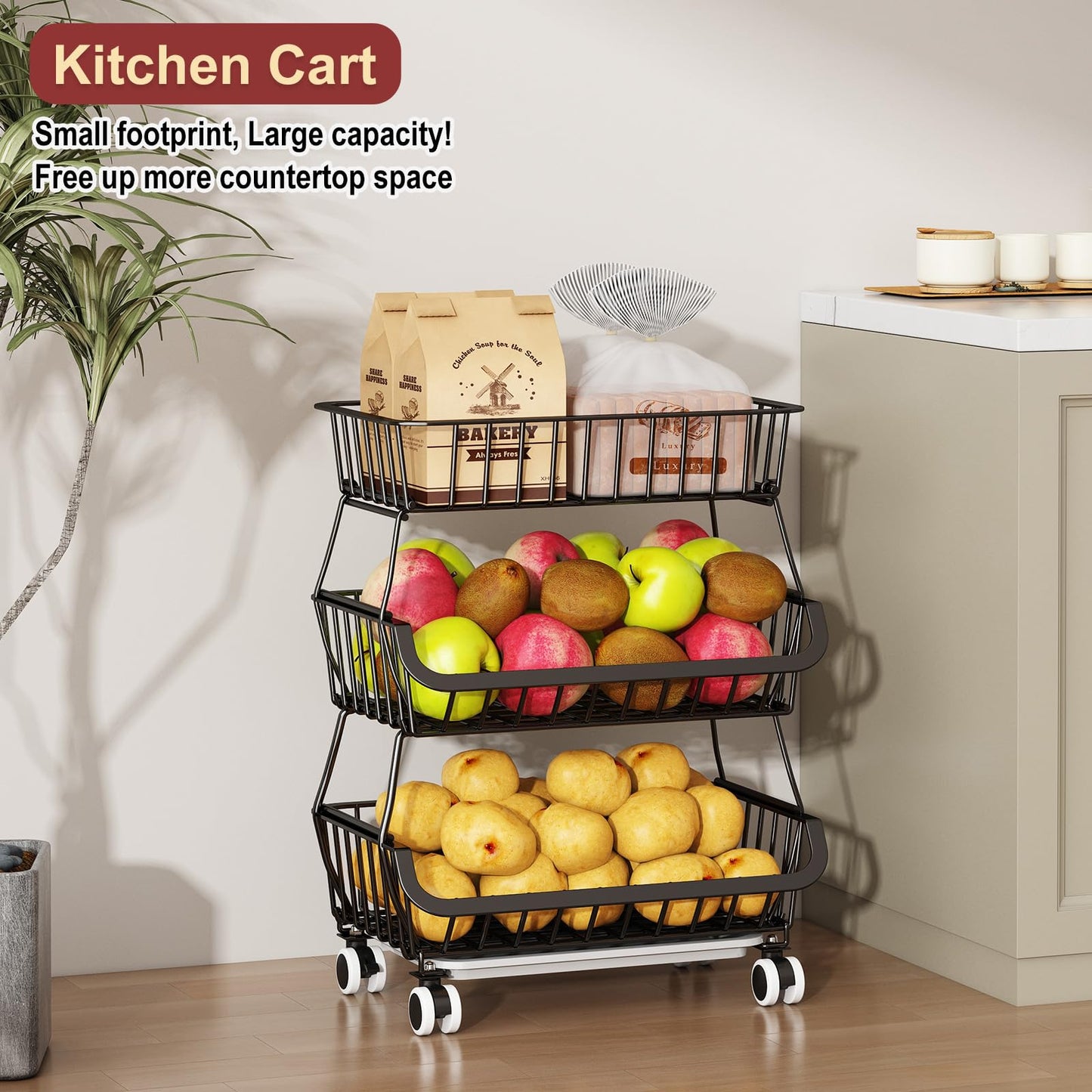 Miyawell 3-Tier Rolling Pantry Cart with Wheels, Stackable Wire Storage Floor Organizer for Kitchen Pantry Snack Shelves, Fruit Basket Stand, Vegetable Storage Rack for Food Snacks Onion Potato