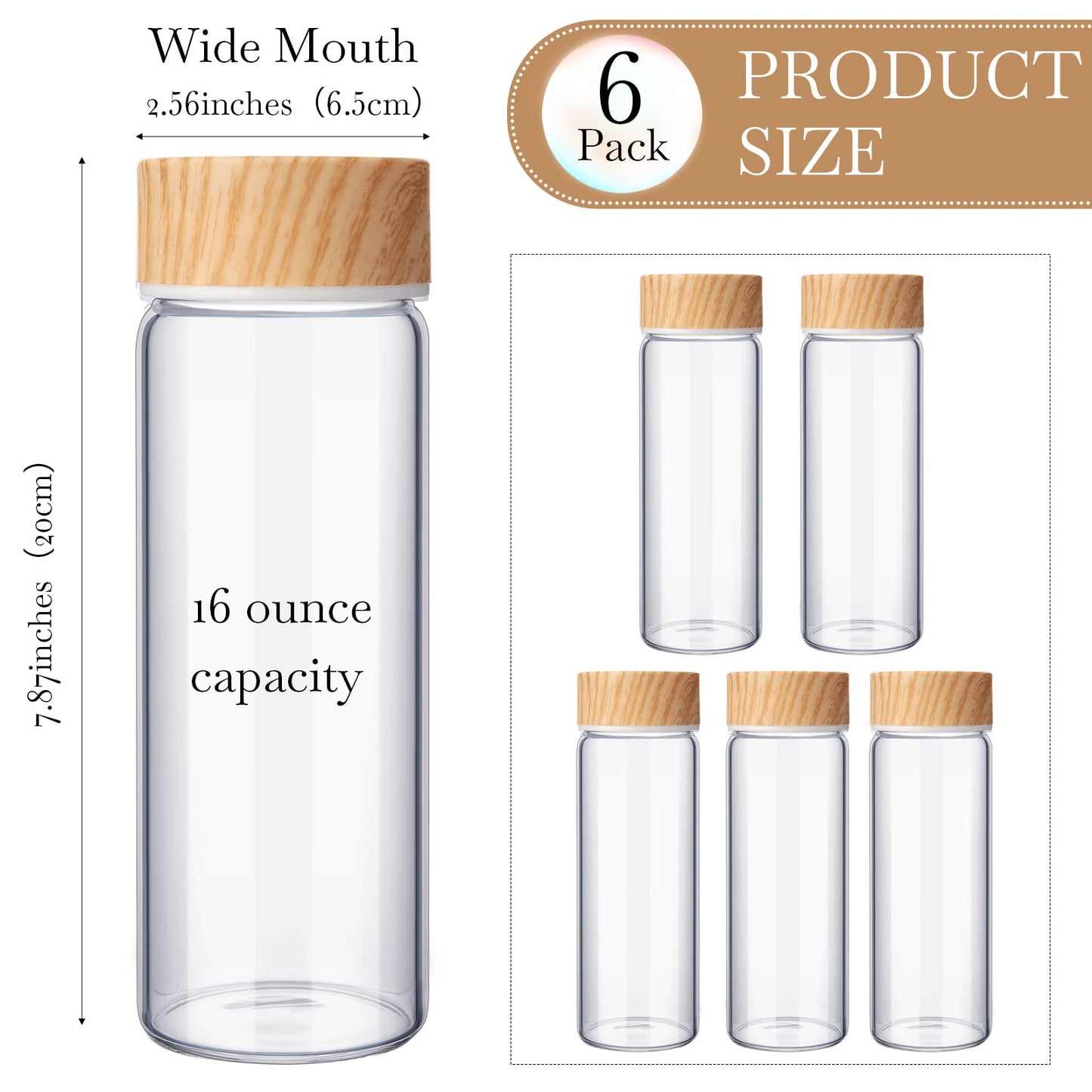 Zubebe 6 Pack Glass Bottle with Lids 16 oz Wide Mouth Juice Milk Drinking Glass Bottles Reusable Airtight Juicing Cups Leak Proof Water Jar for Juicing Tea Milk Beverage Storage