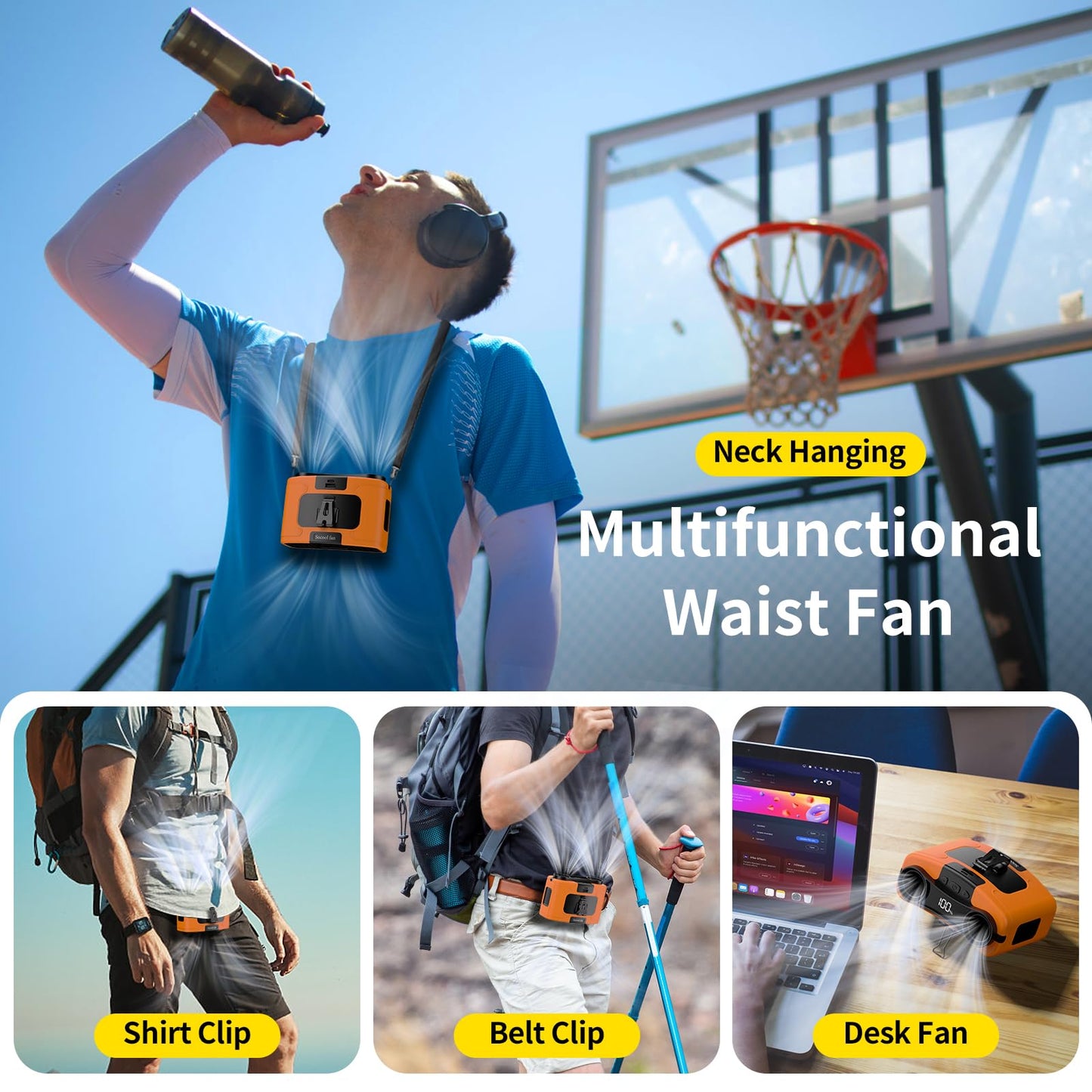 Socool 20000mAh Portable Waist Fan Clip on Wearable Belt Personal Fan Rechargeable, 40H Cooling Battery Operated with 10 Speeds & Dual Air Outlets, Neck Fans Hanging for Outdoor Jobsite Camping