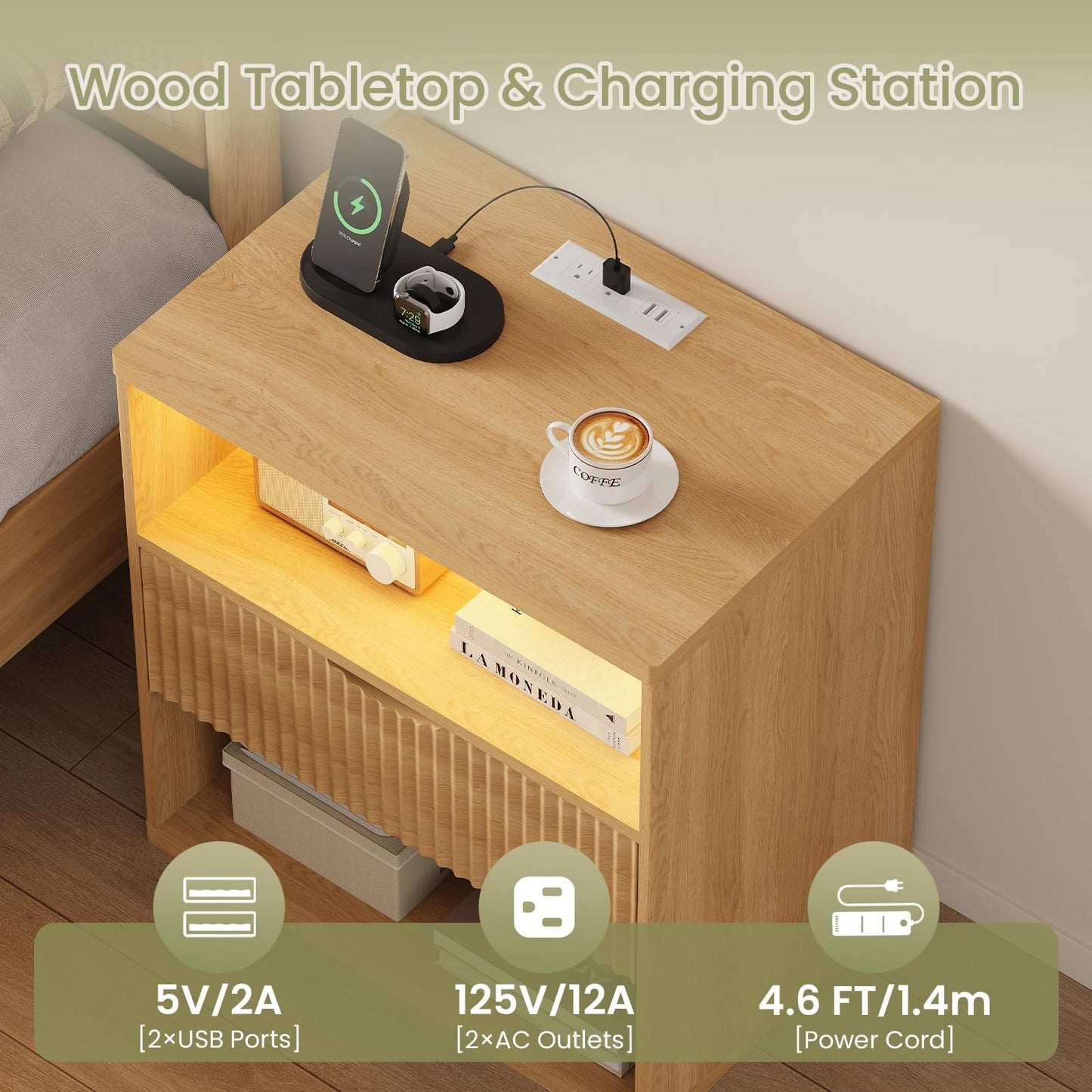 LAKEMID Fluted Wood Nightstand with Charging Station,24" Night Stand with Lights,Bedside Tables with Drawers,Bed Side Table for Bedroom,Natural Oak