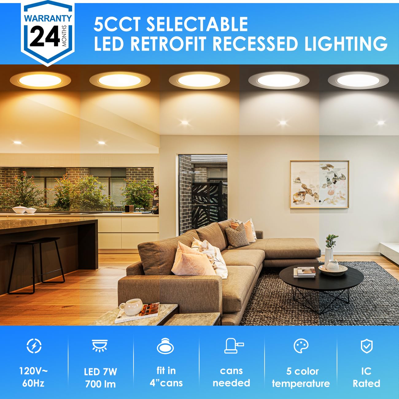 ANWIO Recessed Lights 4 Inch 5CCT 2700/3000/4000/5000/6000K, Modern Retrofit LED Recessed Lighting 7W(85W Equivalent) CRI 80+ Dimmable Can Lights E26 Medium Base Ceiling Light IC Rated & ETL, 16 Pack