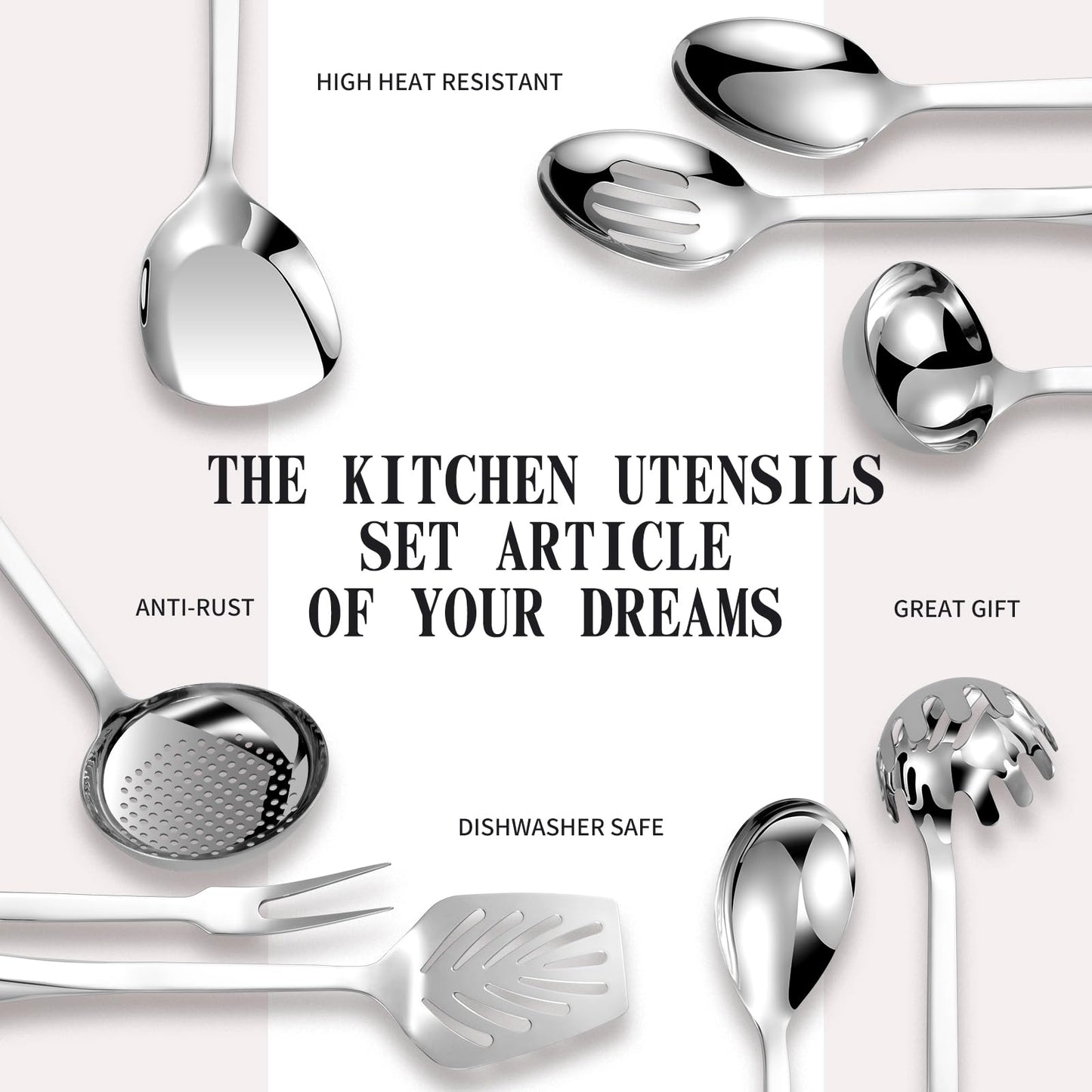 304 Stainless Steel Kitchen Utensil Set - 9pcs Cooking Utensils, Metal Kitchen Utensil Spatula Sets Cookware,High temperature resistance Kitchen Tool Set for Hanging Dishwasher Safe(Silver)